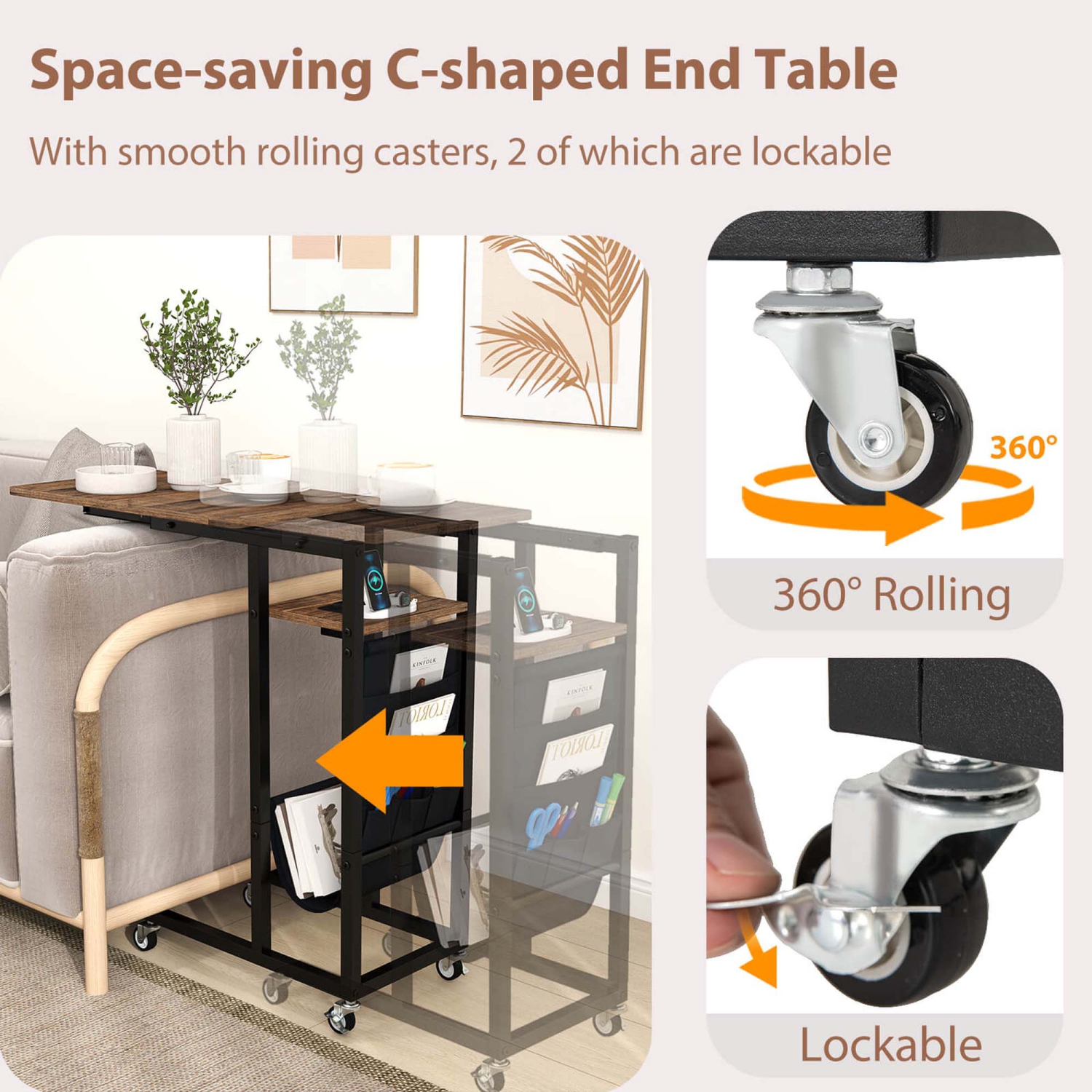 Costway 1/2 PCS C-shaped End Table with Charging Station Rolling Bedside Table Couch Side Table