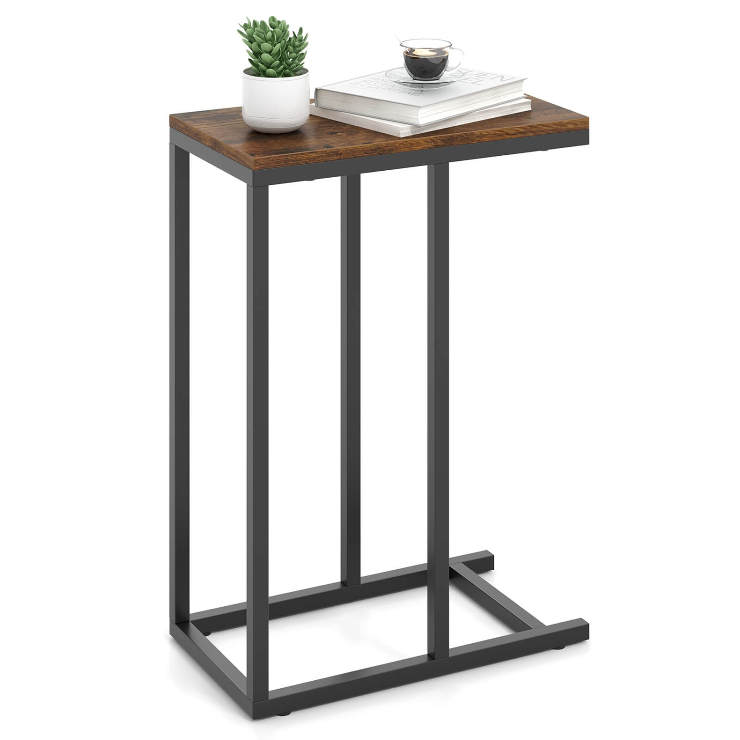 Costway C-shaped Side Table Industrial Sofa Table with Heavy-duty Metal Frame Brown/Gray