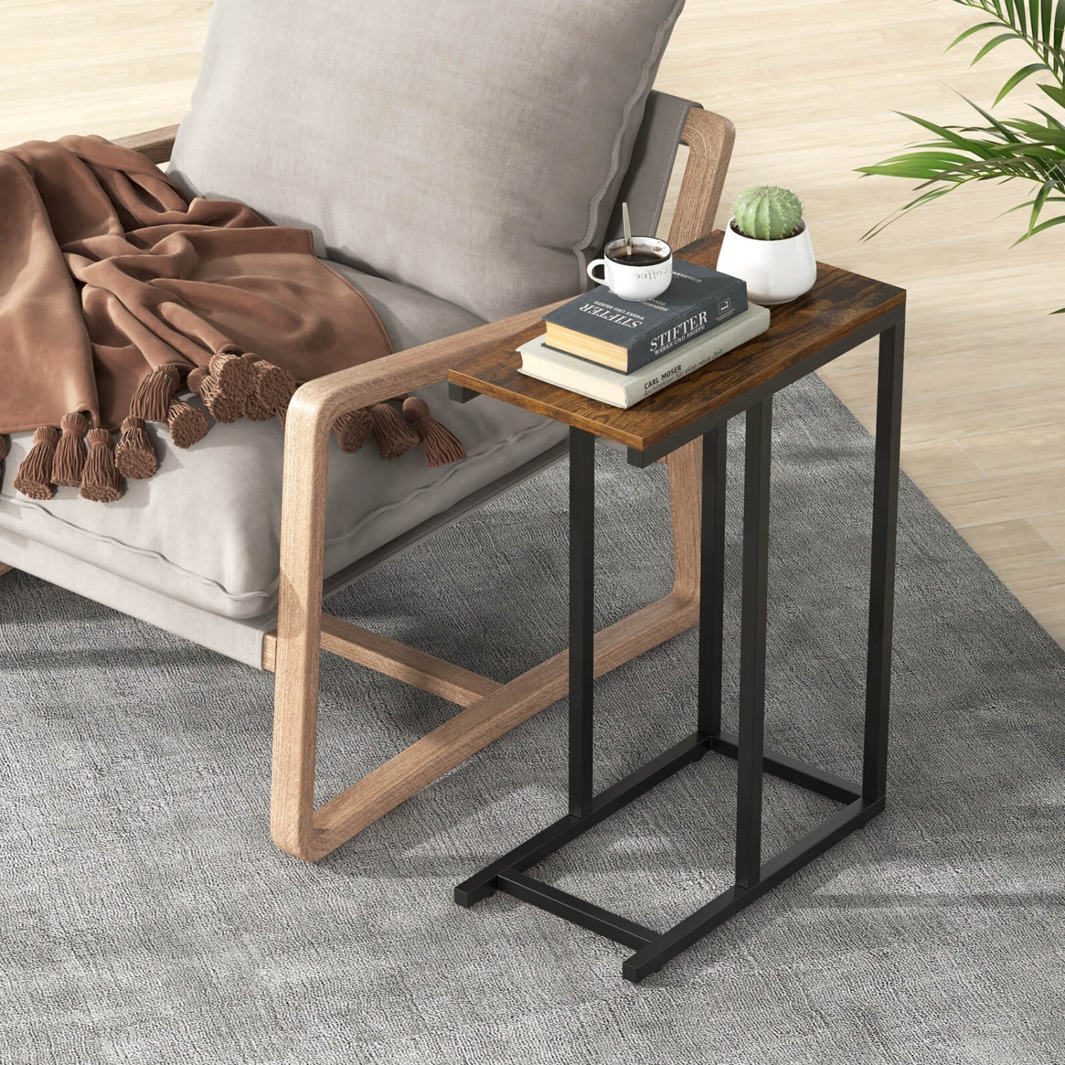 Costway C-shaped Side Table Industrial Sofa Table with Heavy-duty Metal Frame Brown/Gray