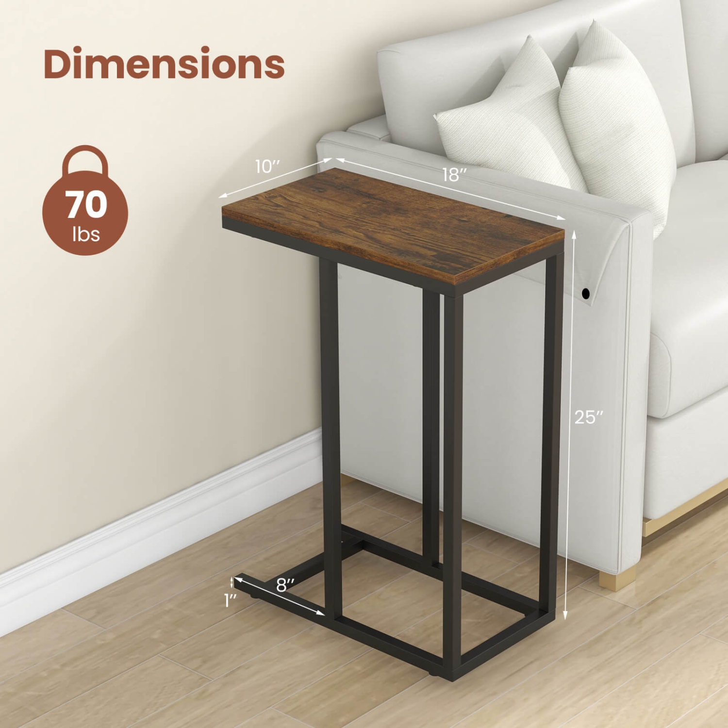 Costway C-shaped Side Table Industrial Sofa Table with Heavy-duty Metal Frame Brown/Gray