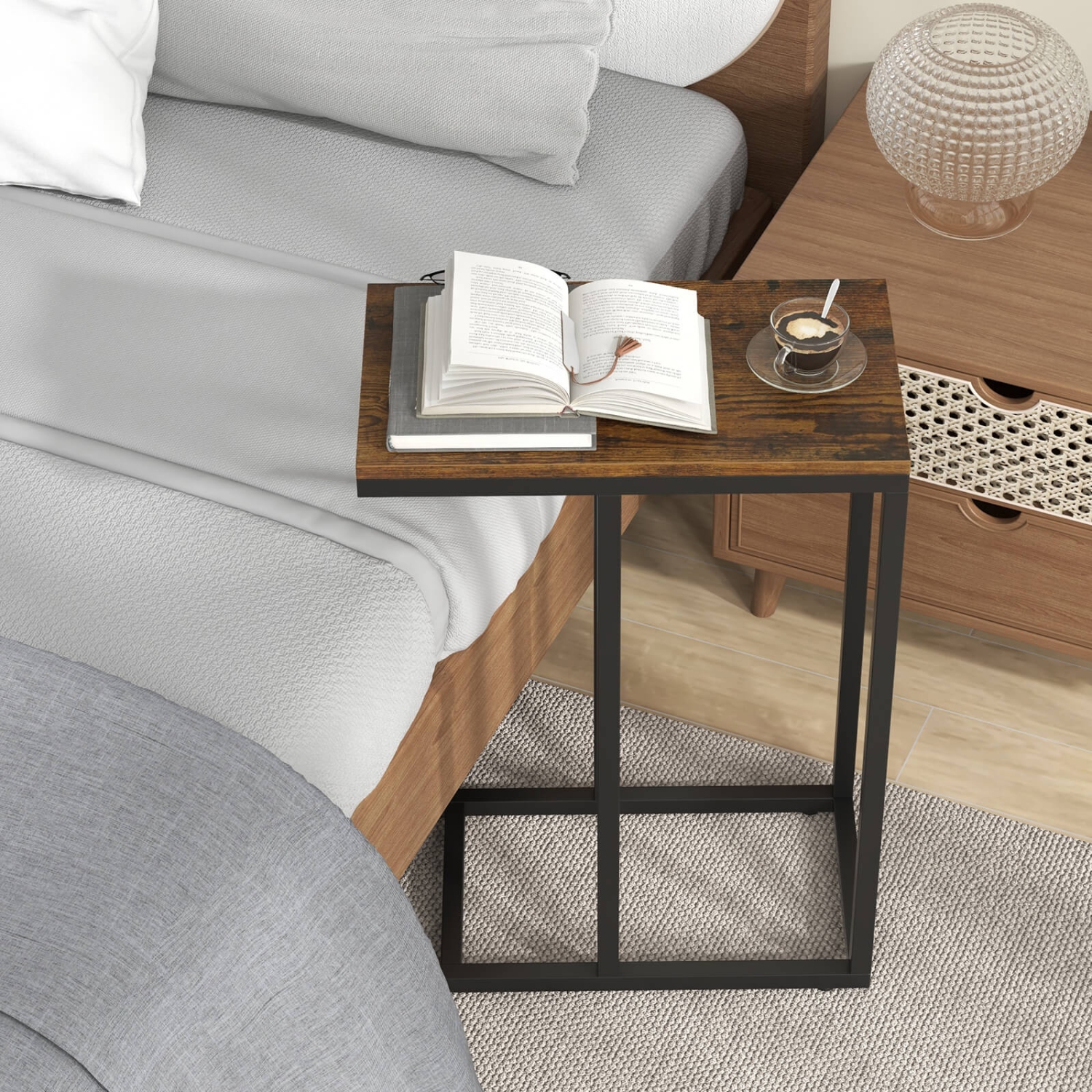 Costway C-shaped Side Table Industrial Sofa Table with Heavy-duty Metal Frame Brown/Gray