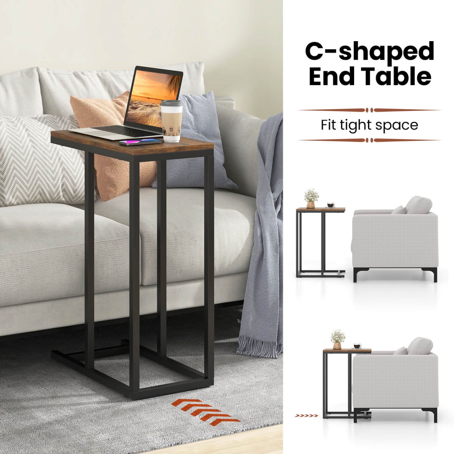 Costway C-shaped Side Table Industrial Sofa Table with Heavy-duty Metal Frame Brown/Gray