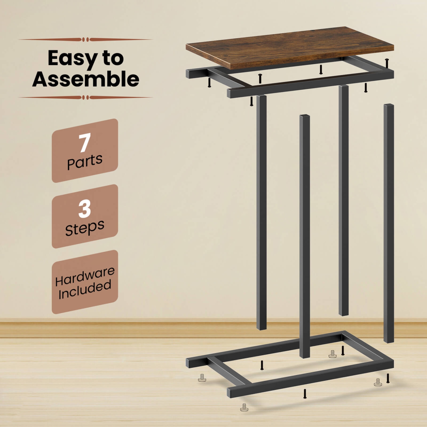 Costway C-shaped Side Table Industrial Sofa Table with Heavy-duty Metal Frame Brown/Gray