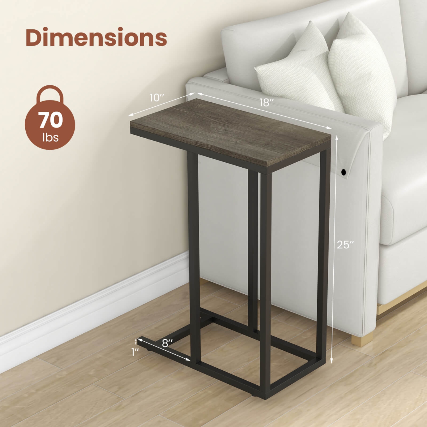 Costway C-shaped Side Table Industrial Sofa Table with Heavy-duty Metal Frame Brown/Gray