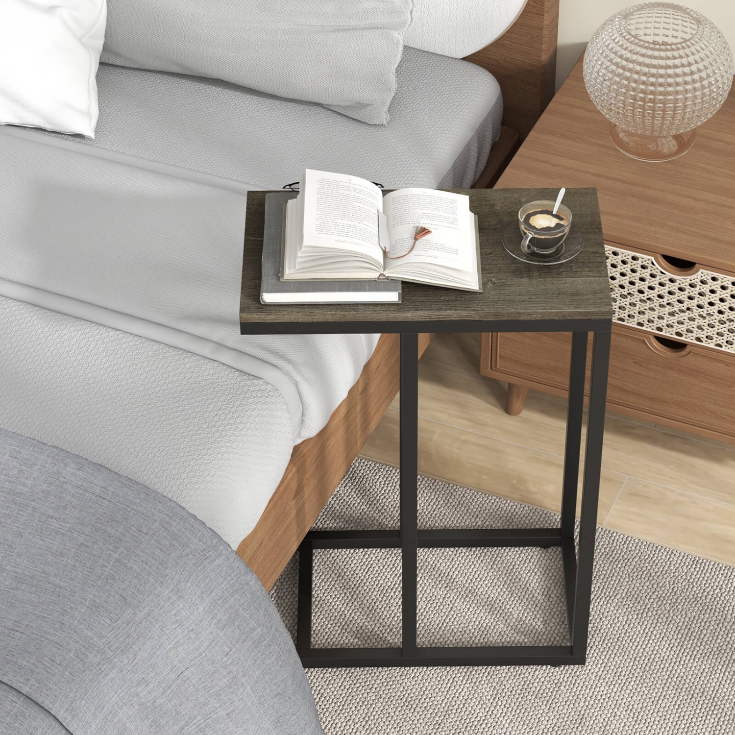 Costway C-shaped Side Table Industrial Sofa Table with Heavy-duty Metal Frame Brown/Gray