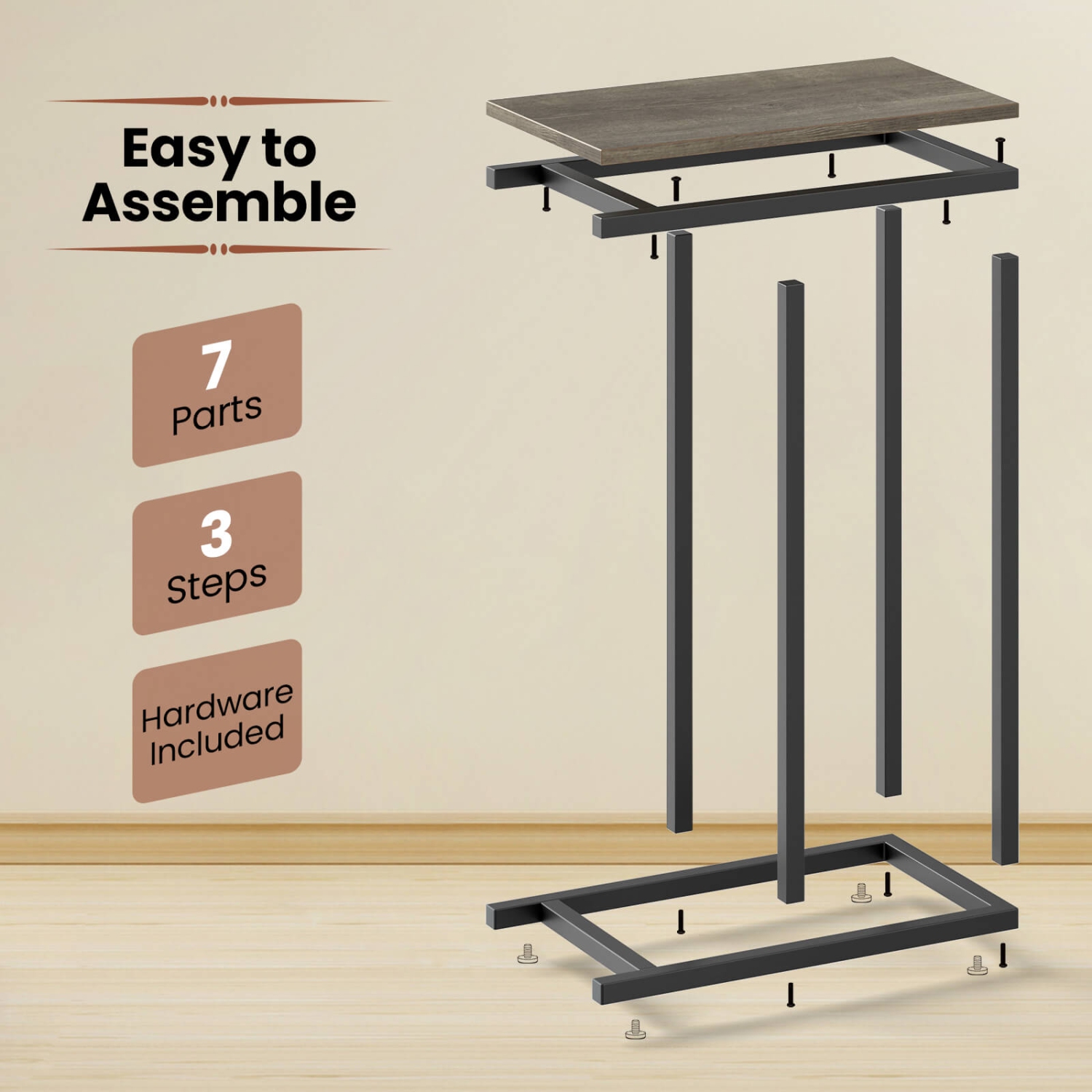 Costway C-shaped Side Table Industrial Sofa Table with Heavy-duty Metal Frame Brown/Gray