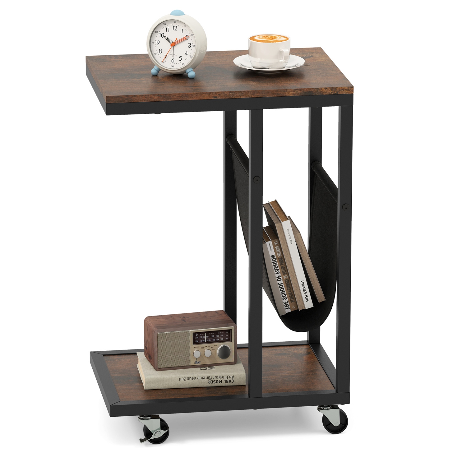 Table d'appoint en C avec canapé à 2 niveaux 1/2 de Costway avec pochette de rangement en toile brune