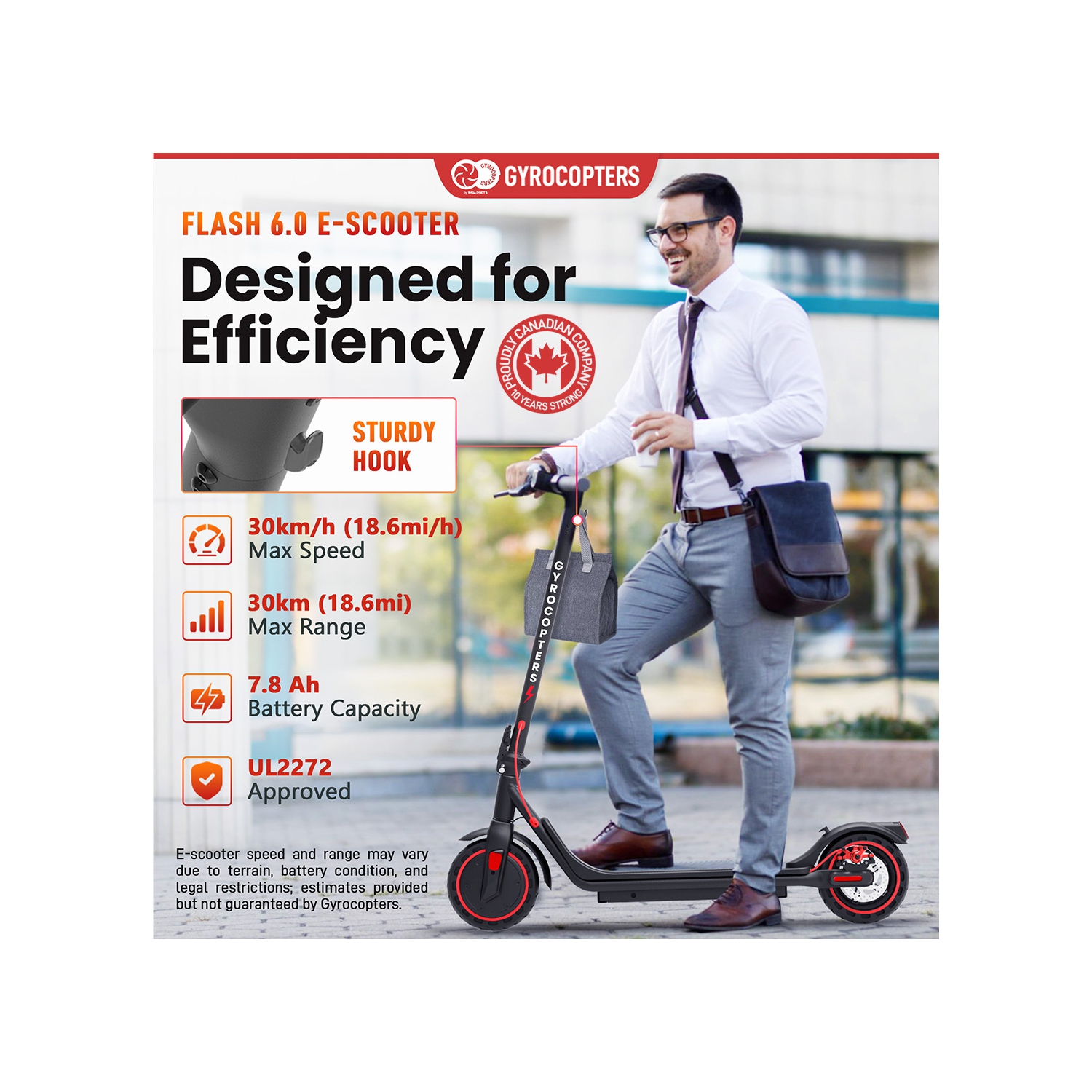 Trottinette électrique Flash 6.0 2025 de Gyrocopters pour adultes et ado, conception améliorée, pneus increvables de 8,5 po | Certification UL 2272 |