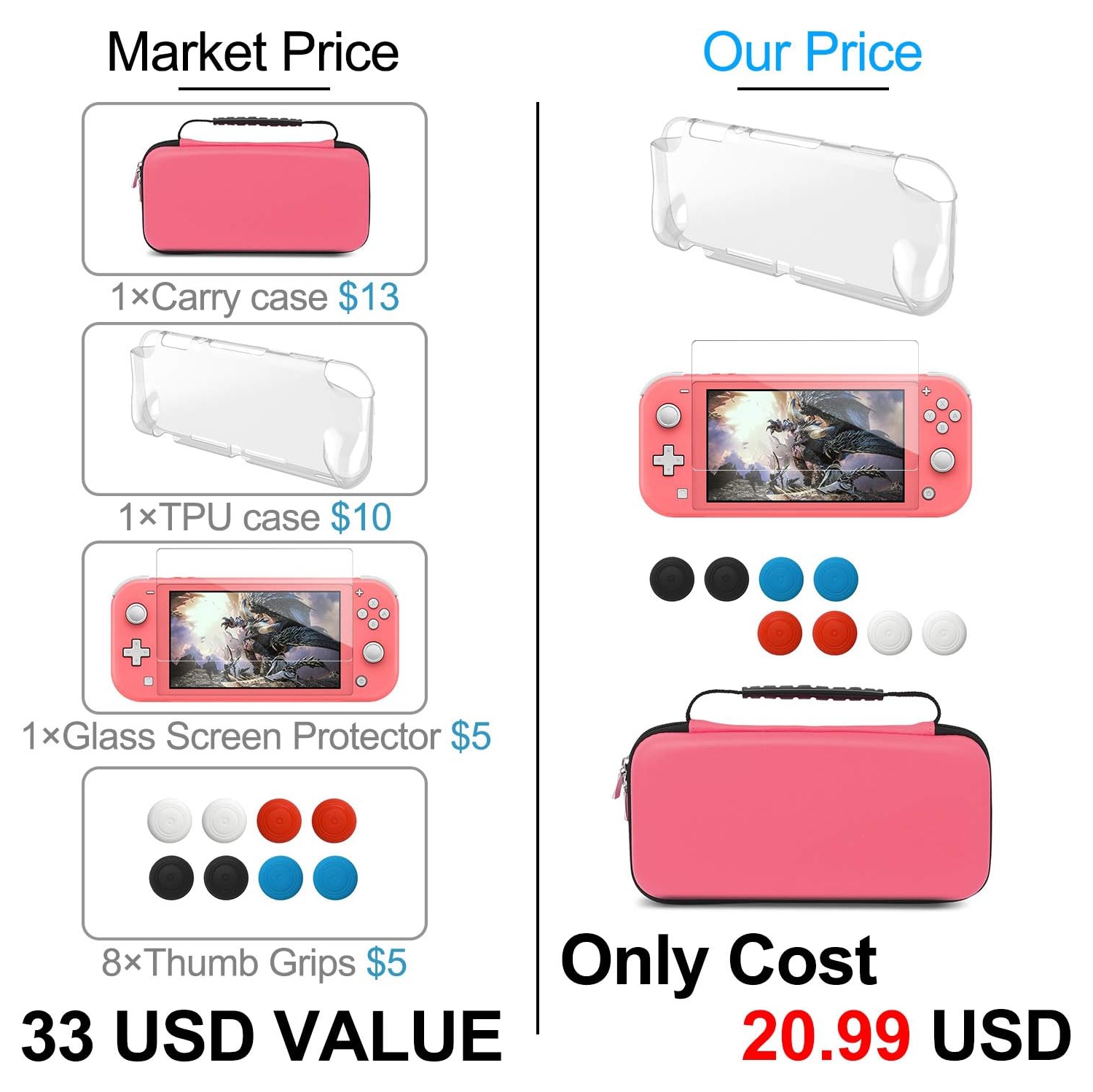 Trousse d'accessoires 4-en-1 Compatible avec la Nintendo Switch Lite, sac de voyage, étui de transport, étui de protection et