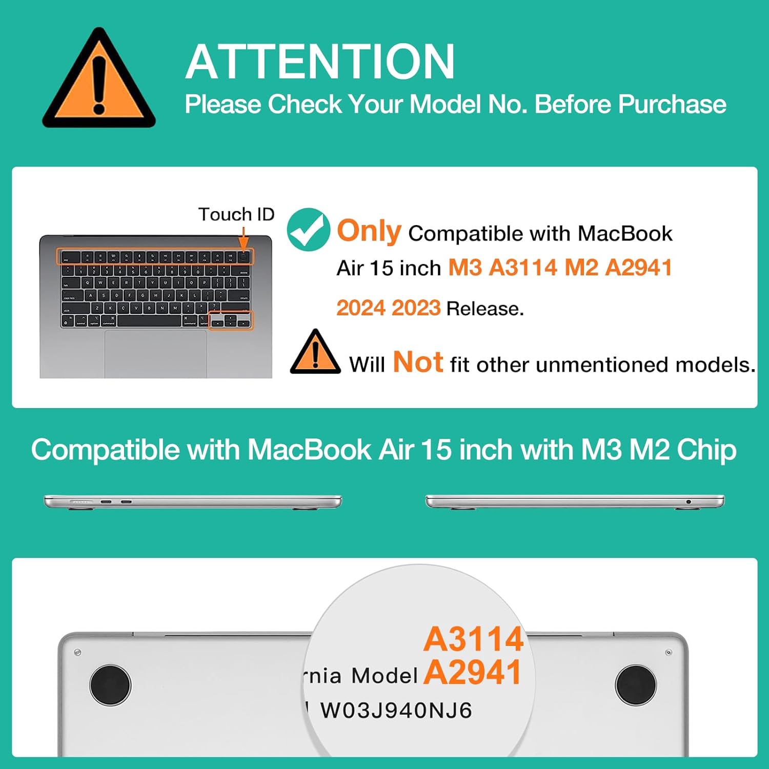Compatible avec l'étui pour MacBook Air 15&nbsp;po 2023 2024 M3 A3114 M2 A2941 avec écran Retina liquide et écran tactile