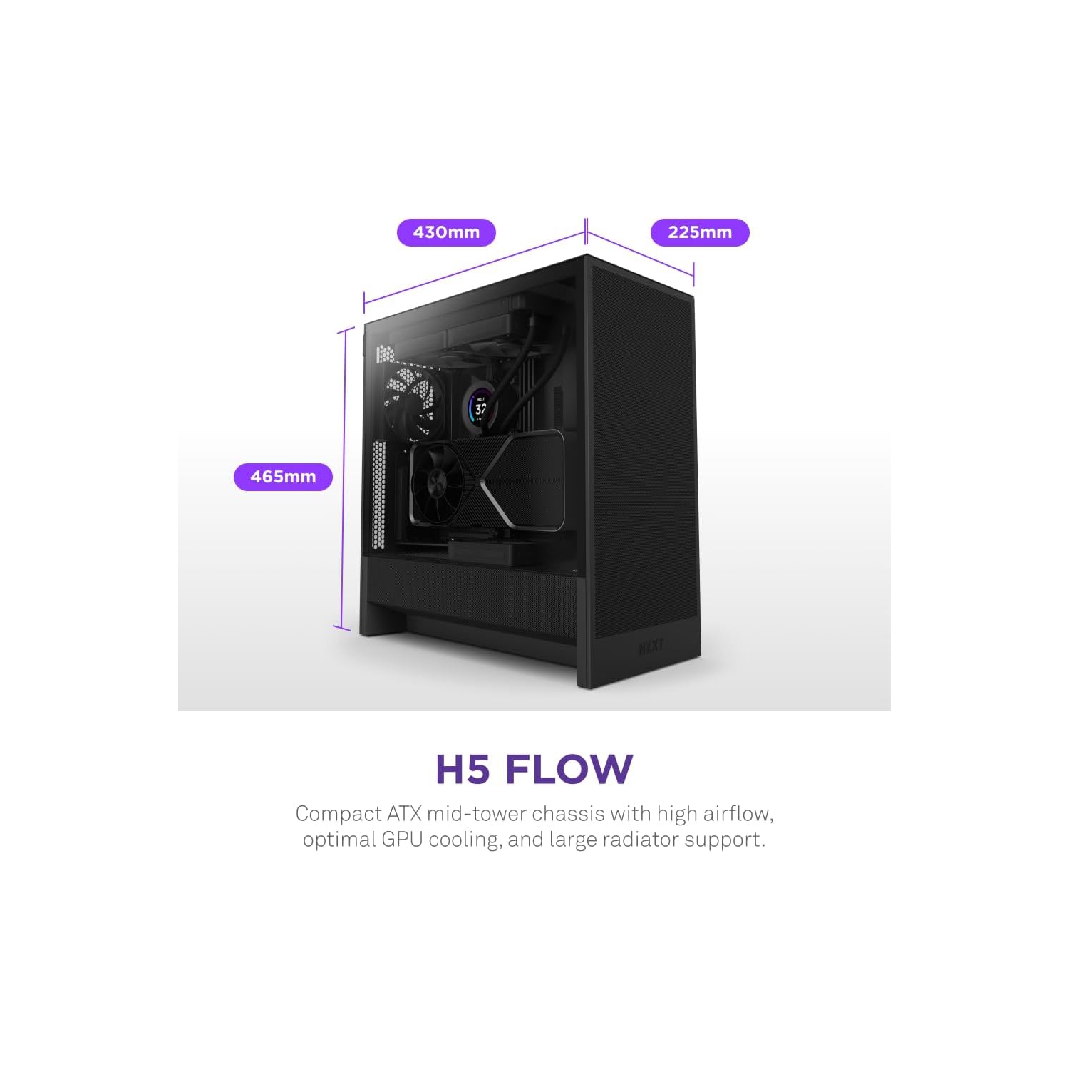 NZXT H5 Flow 2024 - Boîtier de jeu ATX mi-tour compact avec débit d'air élevé, 2 ventilateurs 120&nbsp;mm, prise en charge de radiateur et verre
