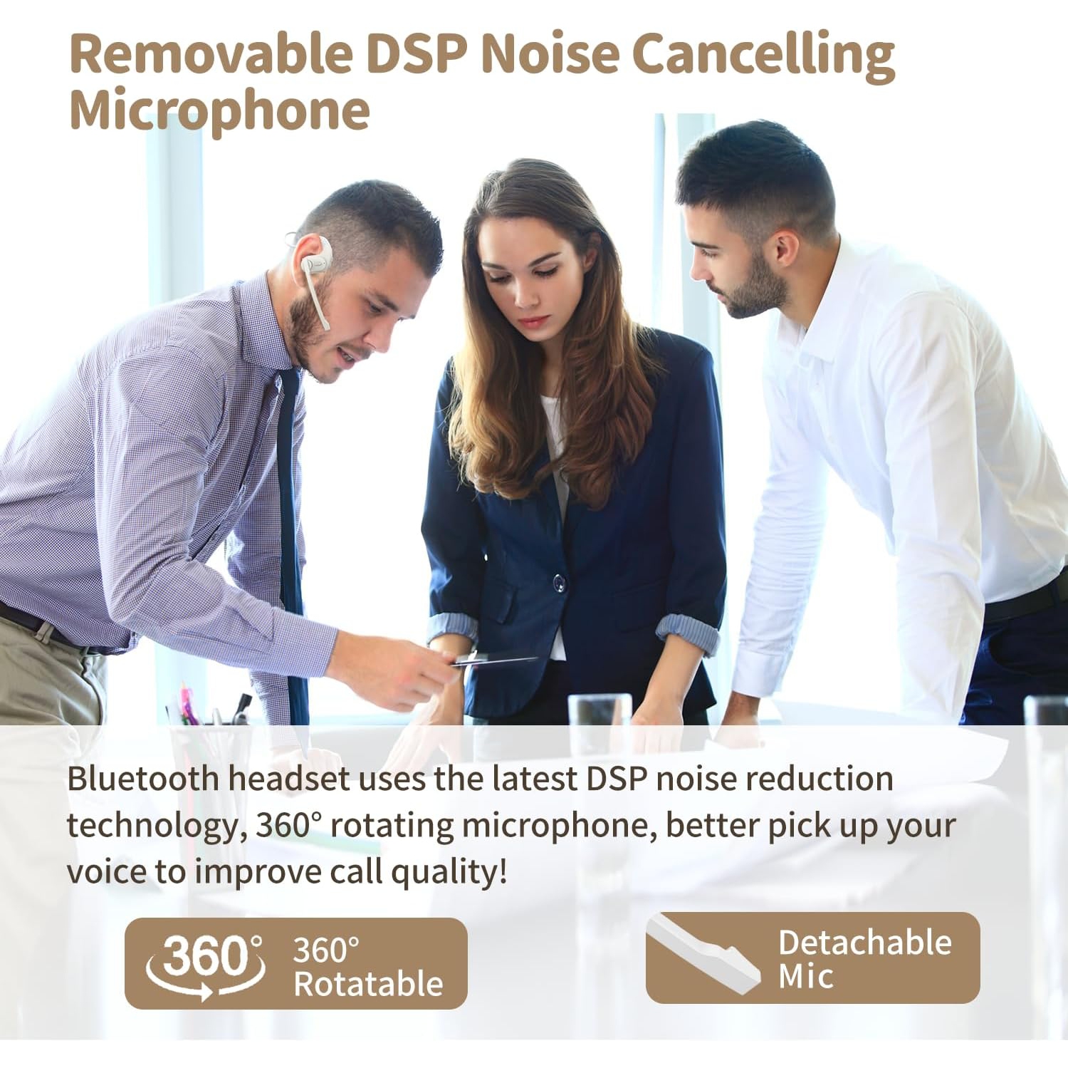 Casque Bluetooth avec microphone amovible, casque sans fil avec suppression du bruit DSP pour téléphones Portable