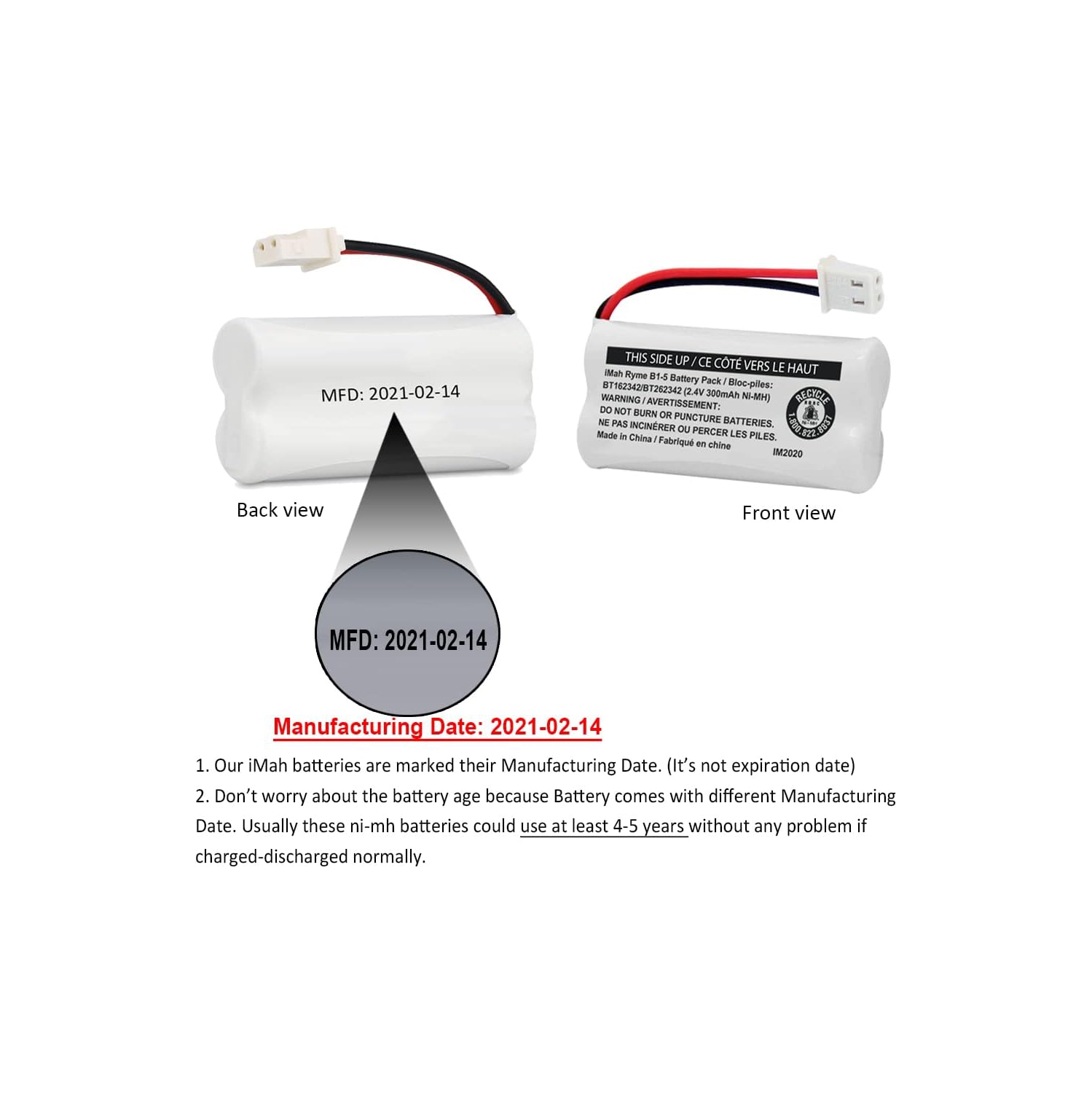 Batterie de téléphone sans fil Ni-MH BT162342/BT262342 de 2,4&nbsp;V 300&nbsp;mAh, aussi compatible avec BT183342/BT283342 AT&T