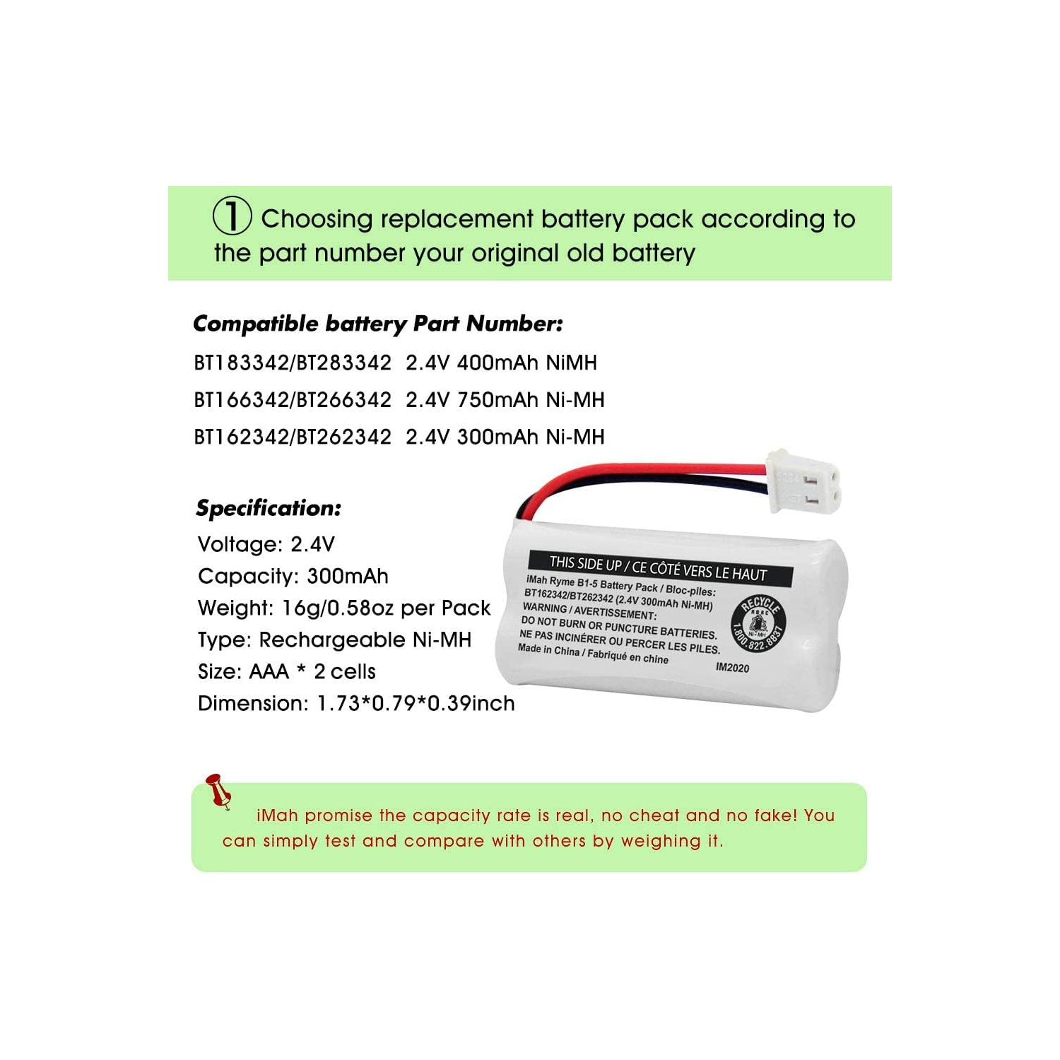 Batterie de téléphone sans fil Ni-MH BT162342/BT262342 de 2,4&nbsp;V 300&nbsp;mAh, aussi compatible avec BT183342/BT283342 AT&T