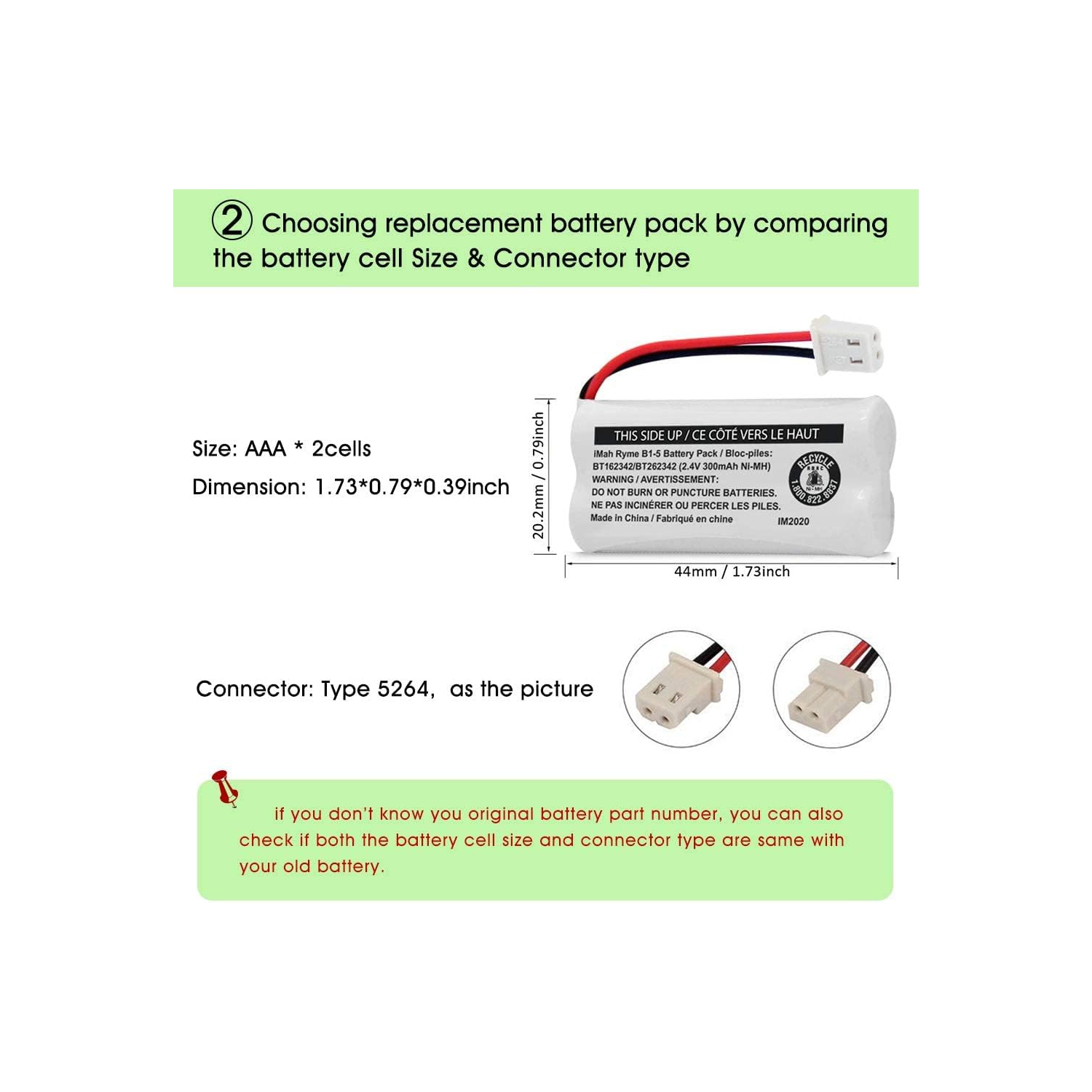 Batterie de téléphone sans fil Ni-MH BT162342/BT262342 de 2,4&nbsp;V 300&nbsp;mAh, aussi compatible avec BT183342/BT283342 AT&T