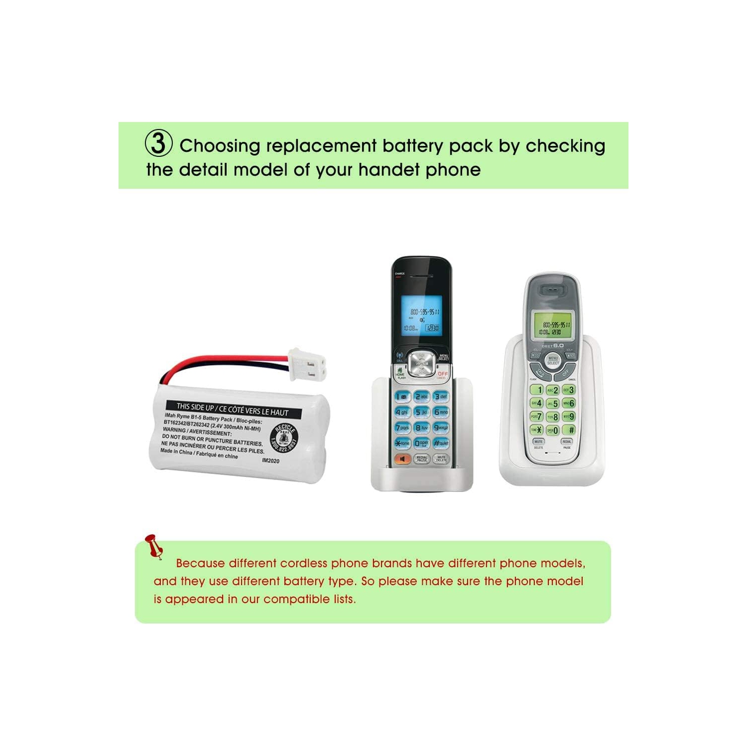 Batterie de téléphone sans fil Ni-MH BT162342/BT262342 de 2,4&nbsp;V 300&nbsp;mAh, aussi compatible avec BT183342/BT283342 AT&T