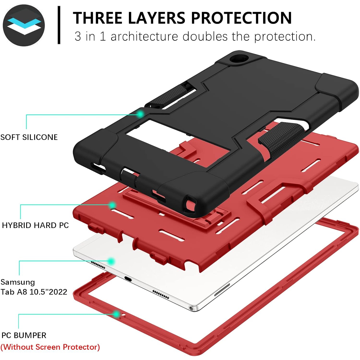 Case for Samsung Galaxy Tab A8 10.5 2022 SM-X200 X205 Kickstand Heavy Duty Cover for Kids 3 in 1 Rugged