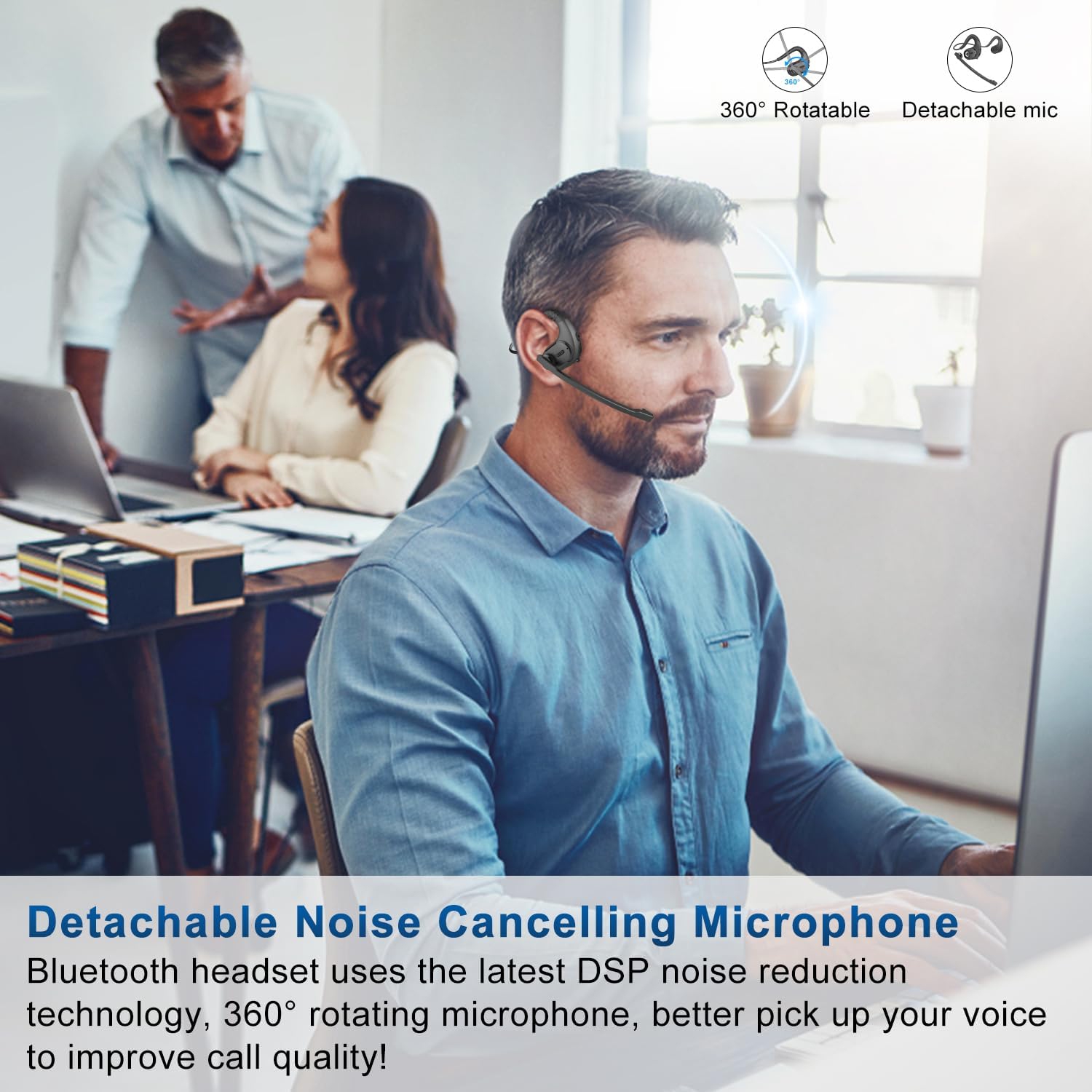 Bluetooth Headset with Removable Microphone, Noise Cancelling Wireless Headset for Phones Laptop Computer PC,