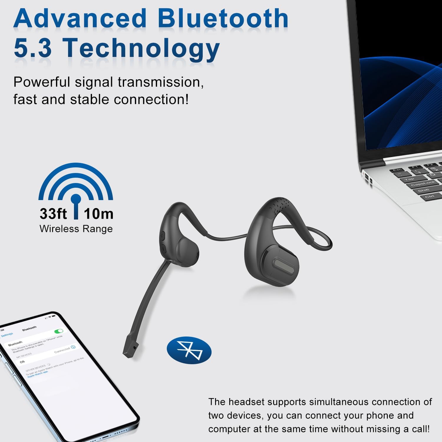 Bluetooth Headset with Removable Microphone, Noise Cancelling Wireless Headset for Phones Laptop Computer PC,