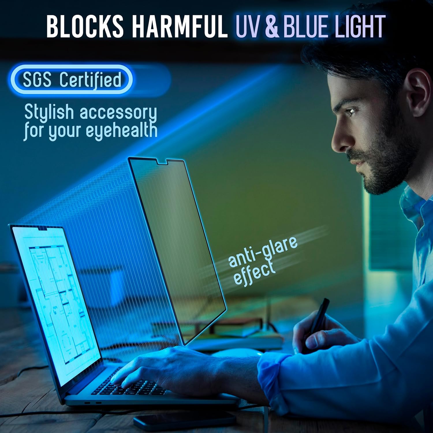 Protecteur d'écran anti-lumière bleue amovible Compatible avec MacBook Air 13,6" 2022, 2023, 2024, M2, M3 | Portable facile à mettre/hors tension