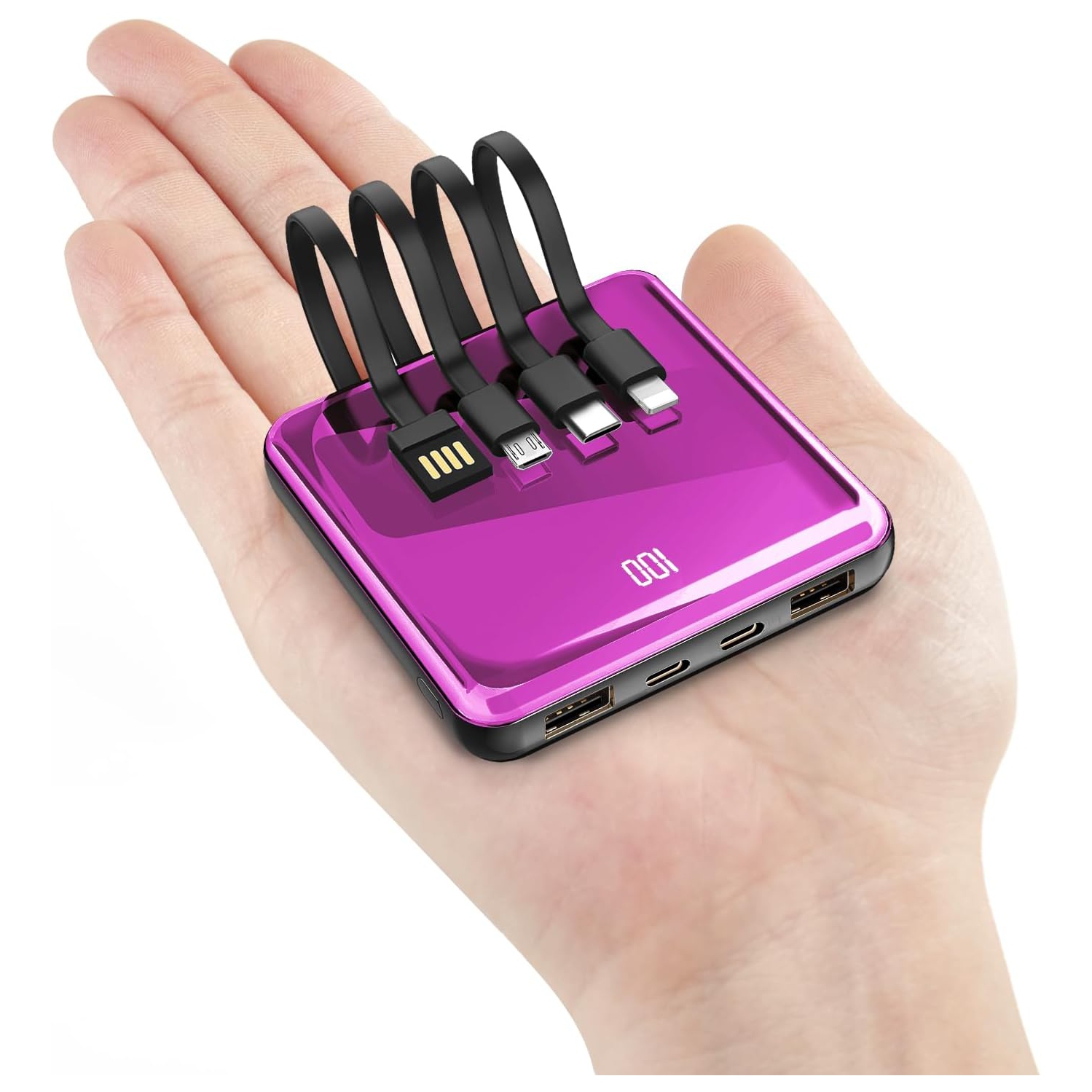 Portable Charger with Built in Cables, 10000mAh Slim Power Bank LED Display, Small External Battery Pack with 4 Inputs