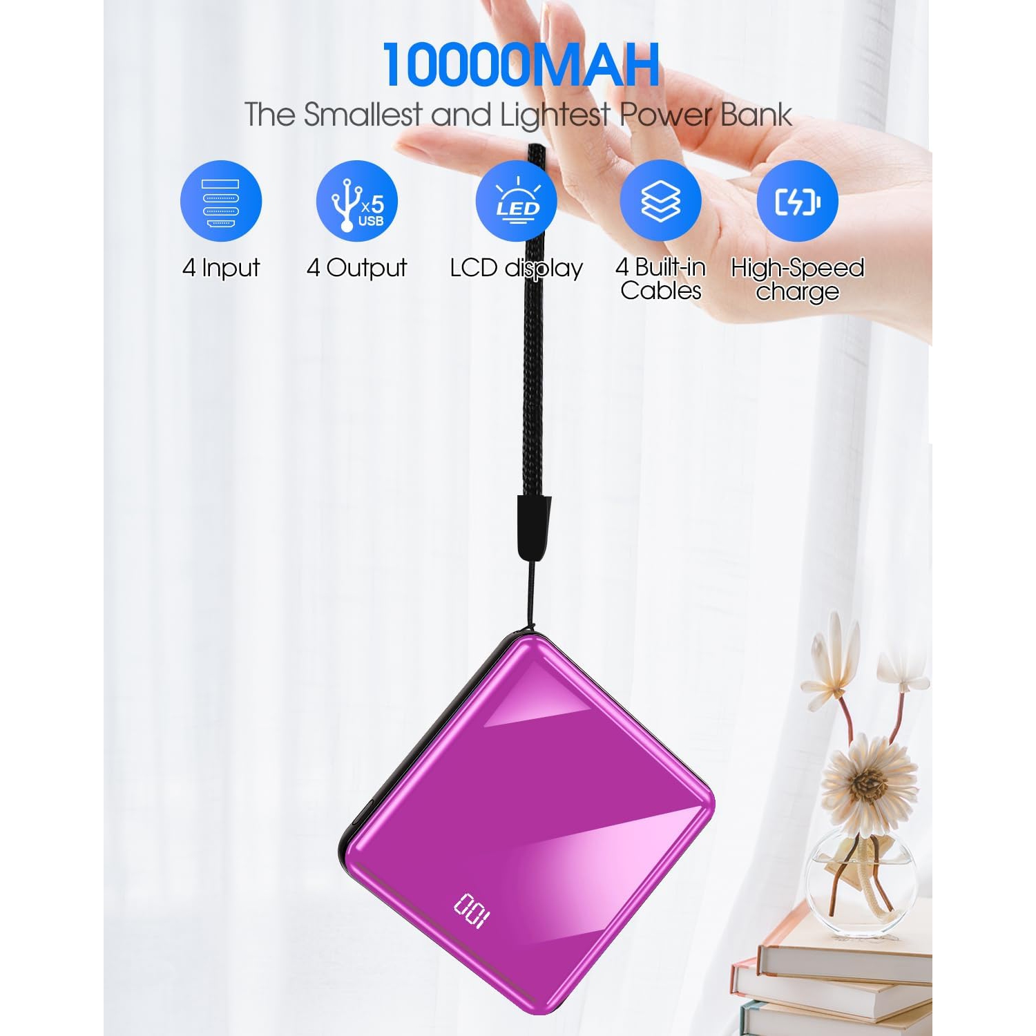 Portable Charger with Built in Cables, 10000mAh Slim Power Bank LED Display, Small External Battery Pack with 4 Inputs