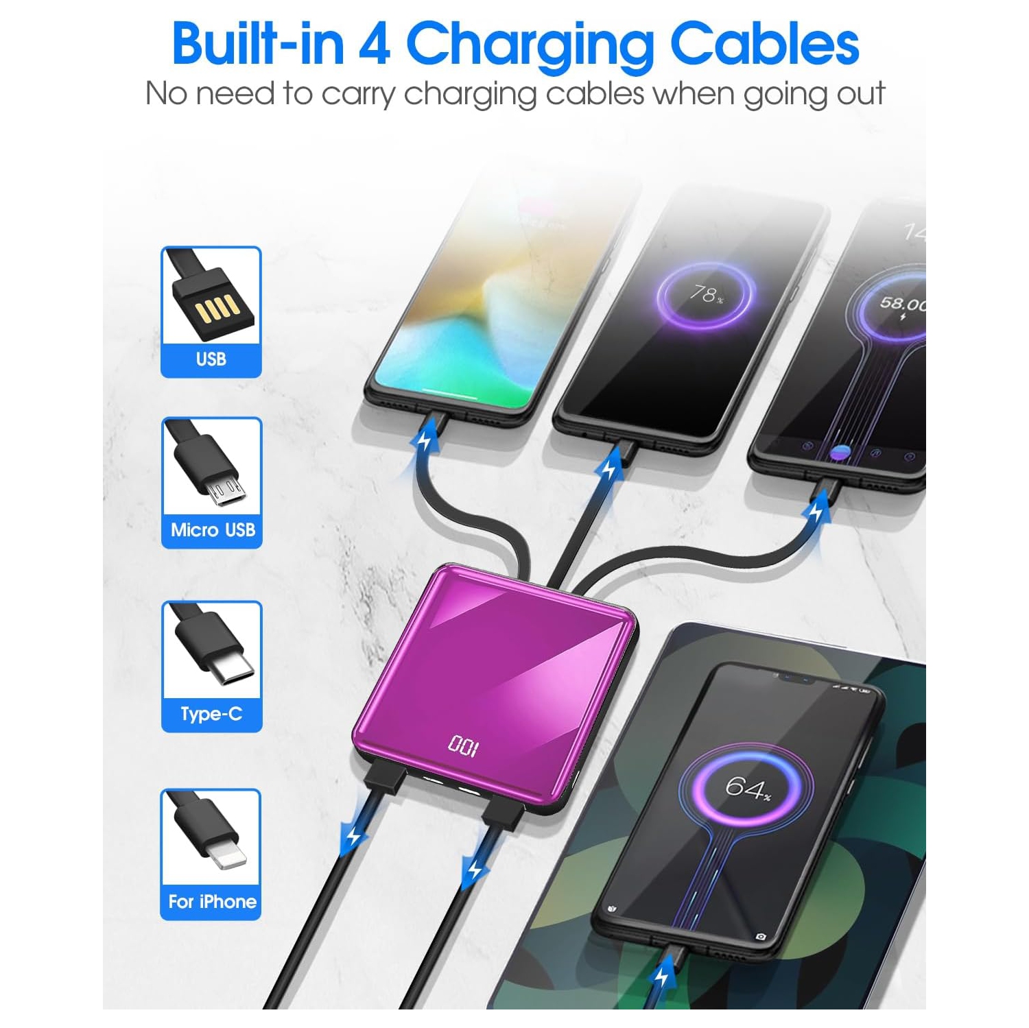 Portable Charger with Built in Cables, 10000mAh Slim Power Bank LED Display, Small External Battery Pack with 4 Inputs