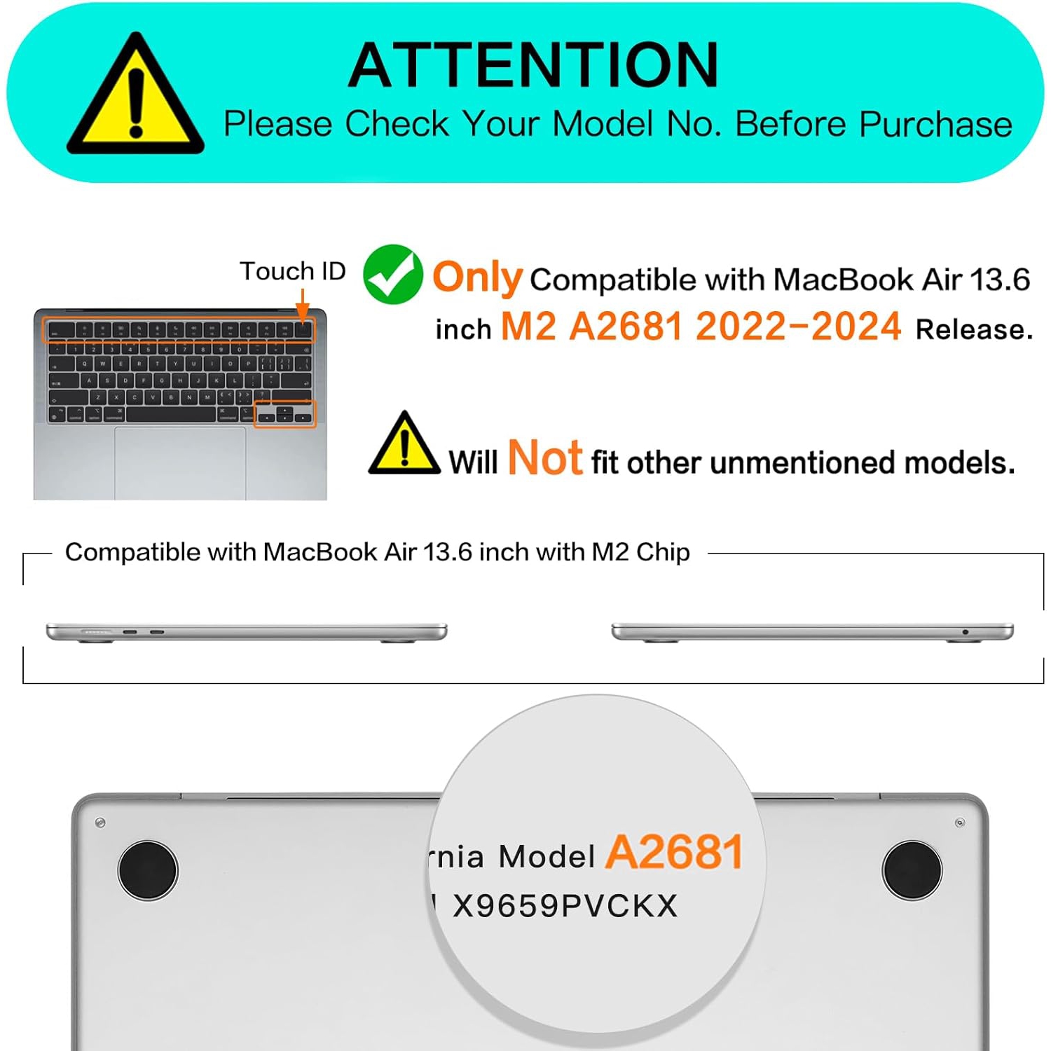 Compatible with MacBook Air 13 inch Case 2024 2023 2022 M3 A3113 M2 A2681 Touch ID, Plastic Hard Case&Keyboard