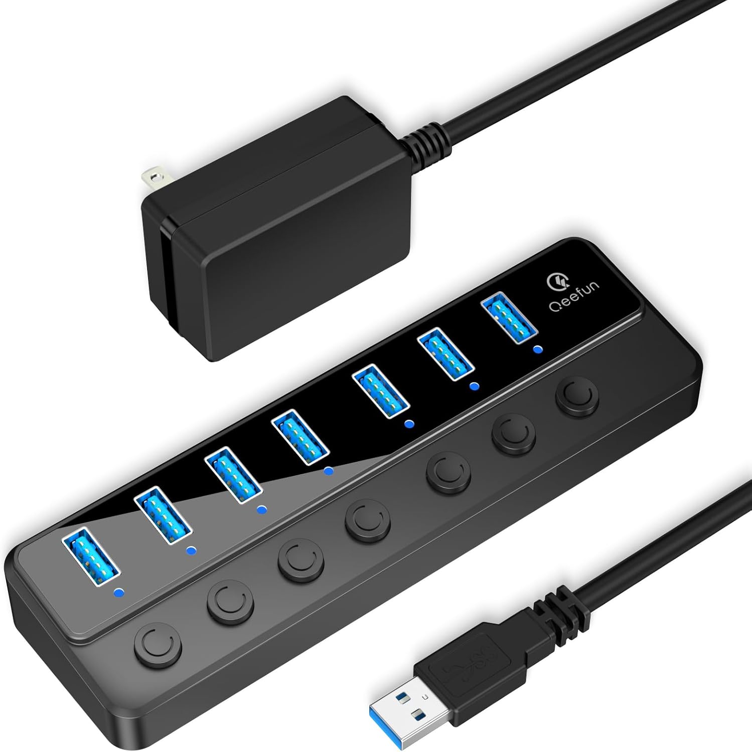 Qeefun Powered USB 3.0 Hub, 7-Ports USB Date Hub, 12V/2A 24W Power Adapter USB Extension Splitter and Individual LED