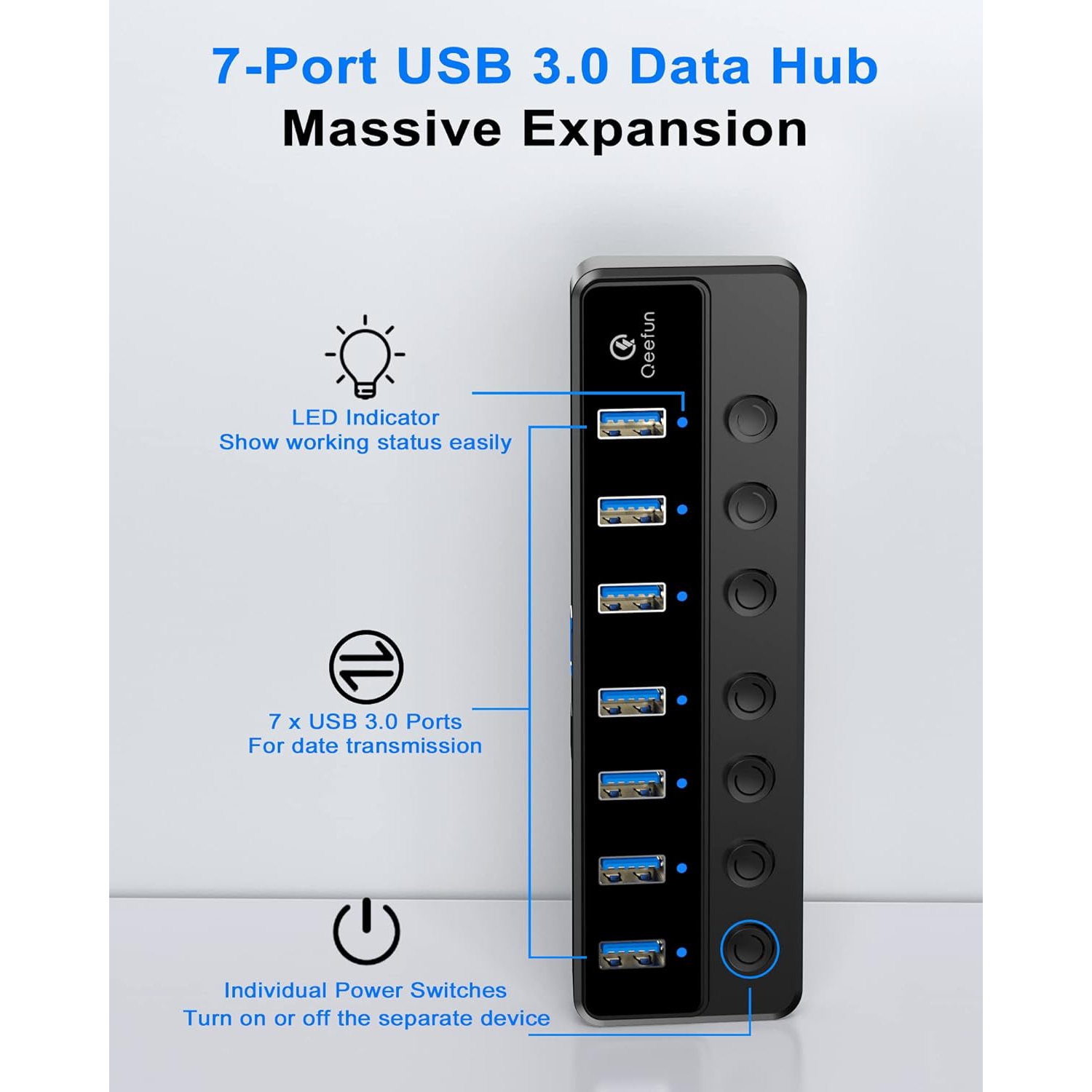 Qeefun Powered USB 3.0 Hub, 7-Ports USB Date Hub, 12V/2A 24W Power Adapter USB Extension Splitter and Individual LED