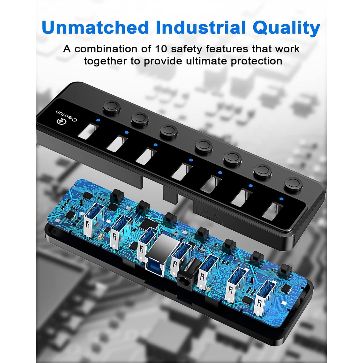 Qeefun Powered USB 3.0 Hub, 7-Ports USB Date Hub, 12V/2A 24W Power Adapter USB Extension Splitter and Individual LED