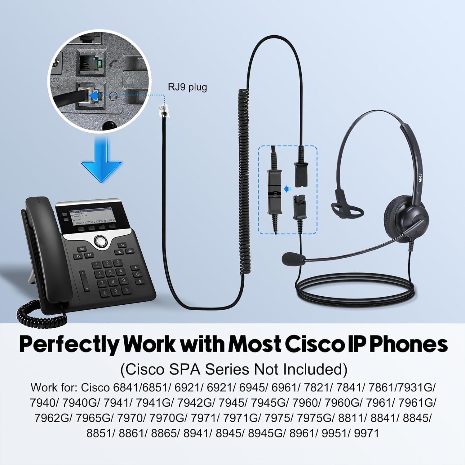 Casque téléphonique câblé Cisco RJ9 avec microphone à suppression du bruit Compatible avec les téléphones IP Cisco 6841