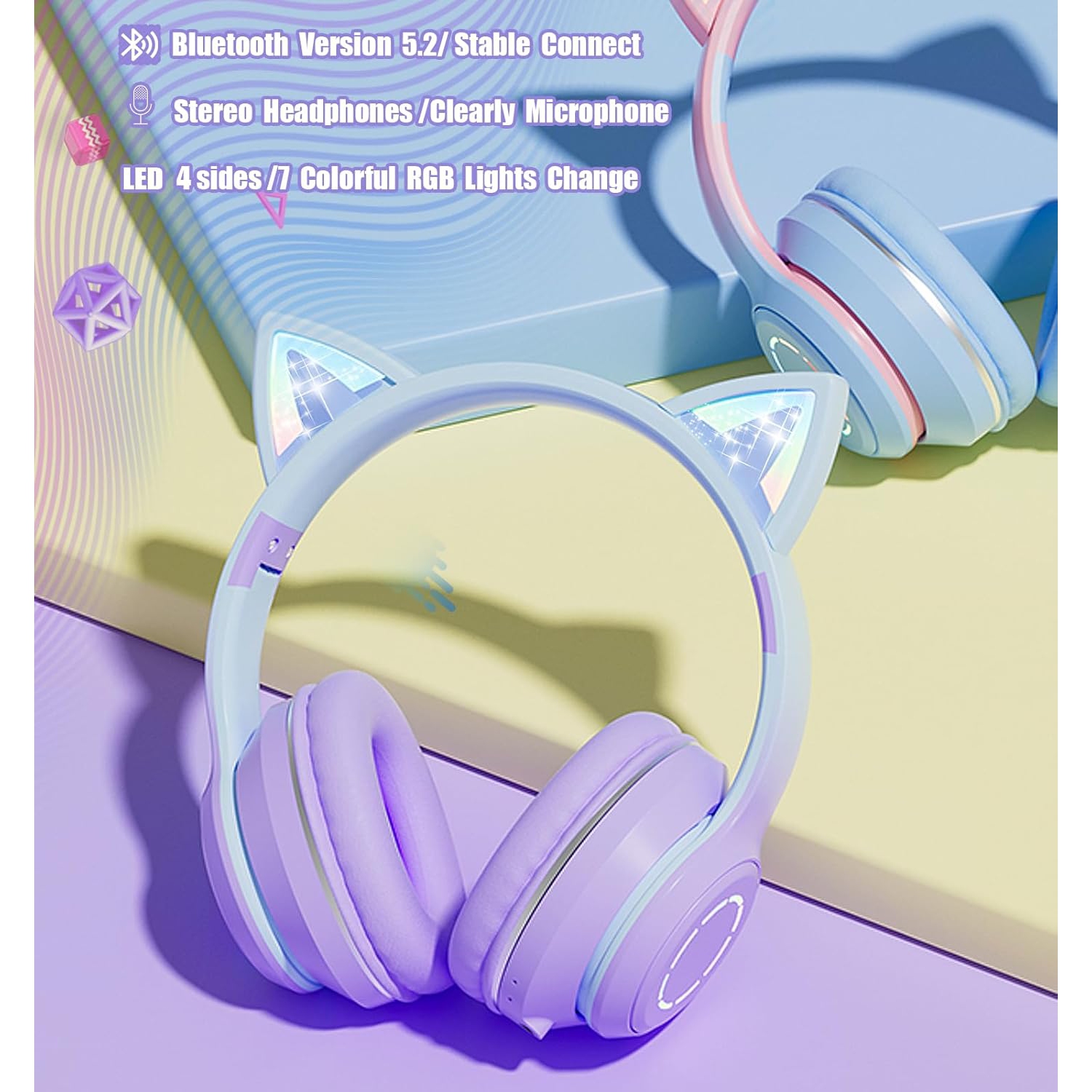 Casques d'écoute Bluetooth, écouteurs boutons lumineux pour enfants de LED, écouteurs stéréo pliables sans fil