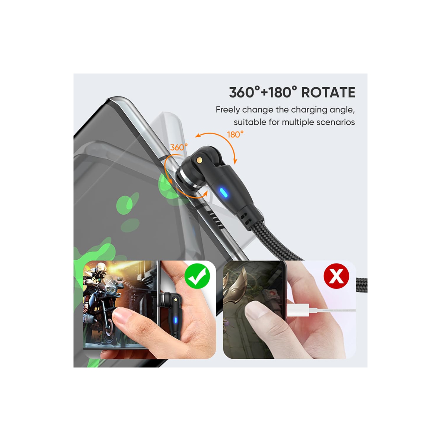 Magnetic Charging Cable, 9 Pins Fast Charge 540 Degrees Rotataion Data Sync Transfer Cord, USBA to 3 in 1 Head