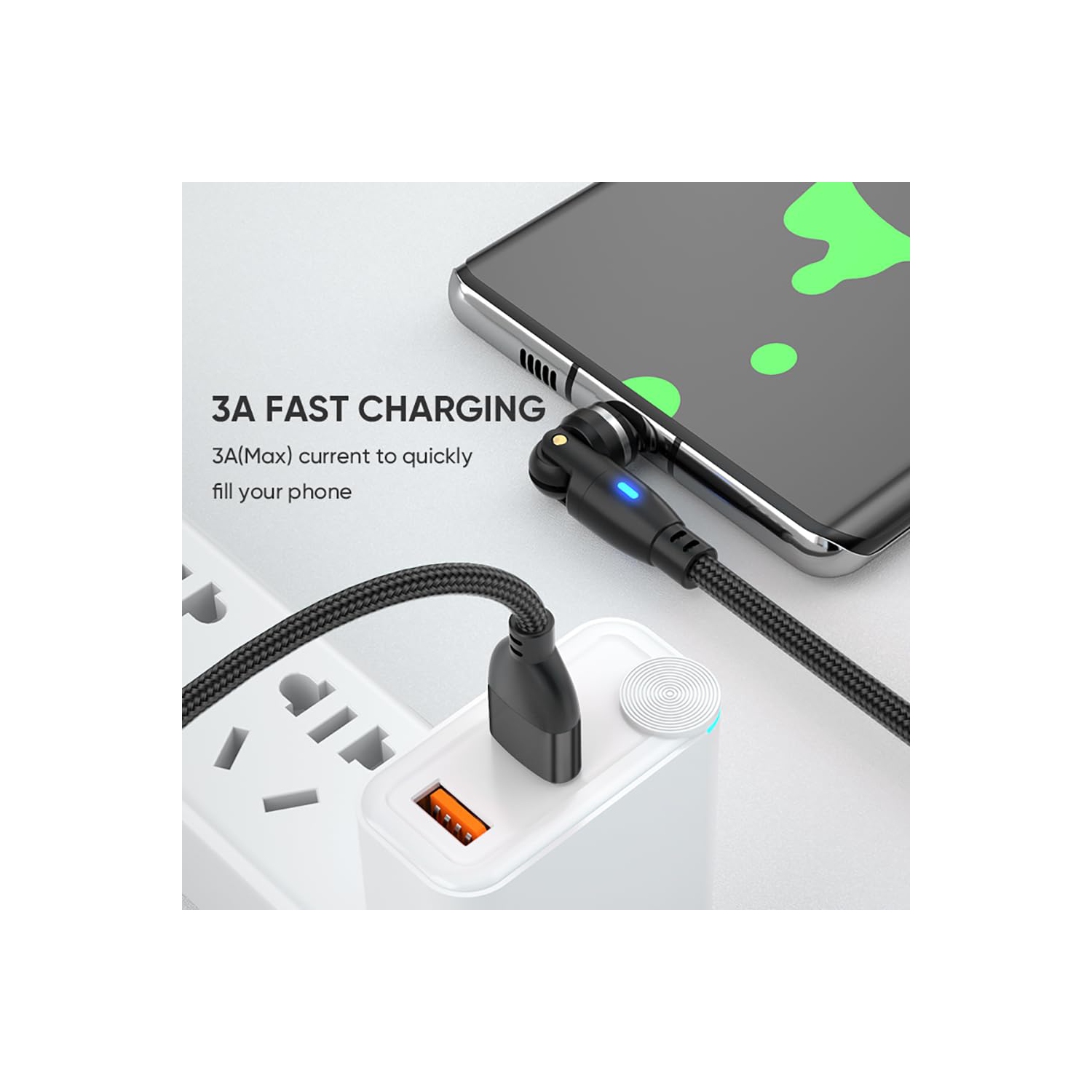 Magnetic Charging Cable, 9 Pins Fast Charge 540 Degrees Rotataion Data Sync Transfer Cord, USBA to 3 in 1 Head