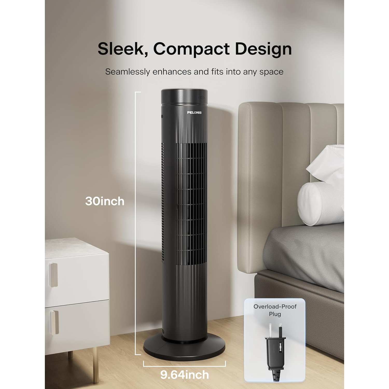 Pelonis 30-Inch Oscillating Tower Fan for Bedroom – Quiet 3-Speed Fan with Remote Control, 7-Hour Timer, 37dB Ultra-Quiet Operation – ETL Certified,