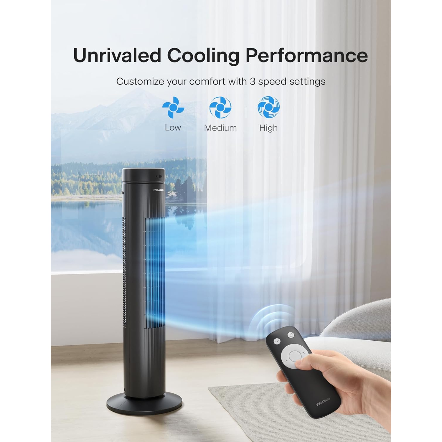 Pelonis 30-Inch Oscillating Tower Fan for Bedroom – Quiet 3-Speed Fan with Remote Control, 7-Hour Timer, 37dB Ultra-Quiet Operation – ETL Certified,