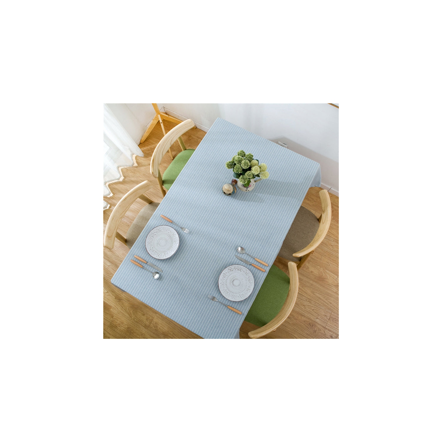 PANDACO Pastel Blue Striped Cotton Table Cloth