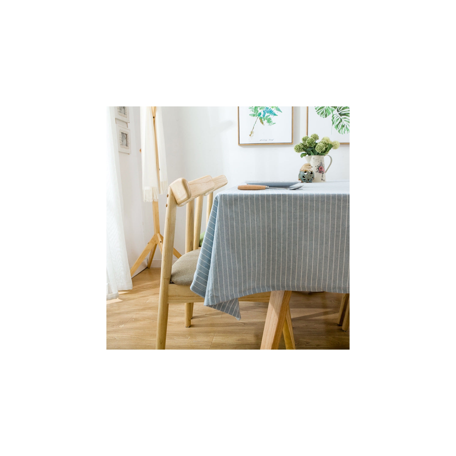 PANDACO Pastel Blue Striped Cotton Table Cloth