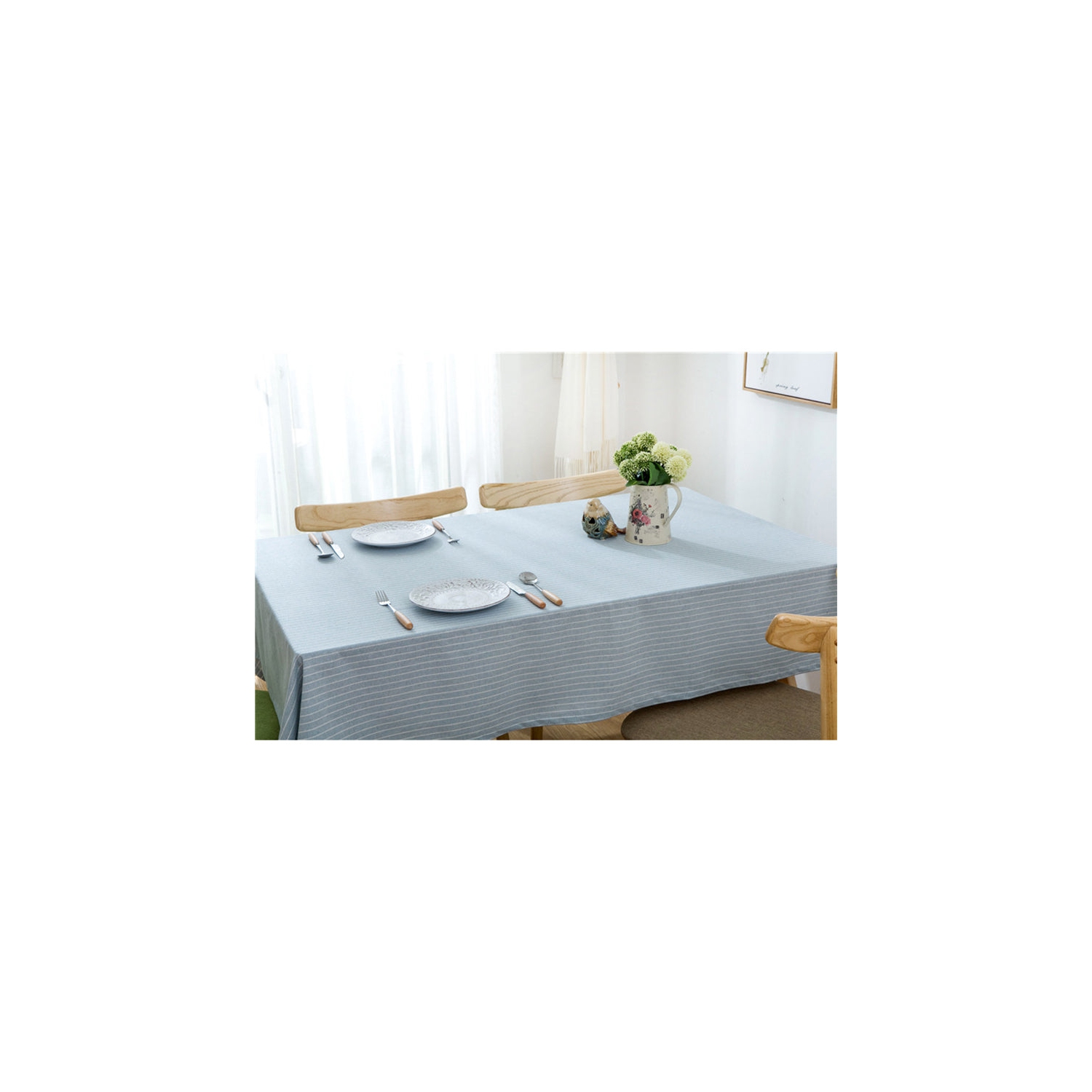 PANDACO Pastel Blue Striped Cotton Table Cloth