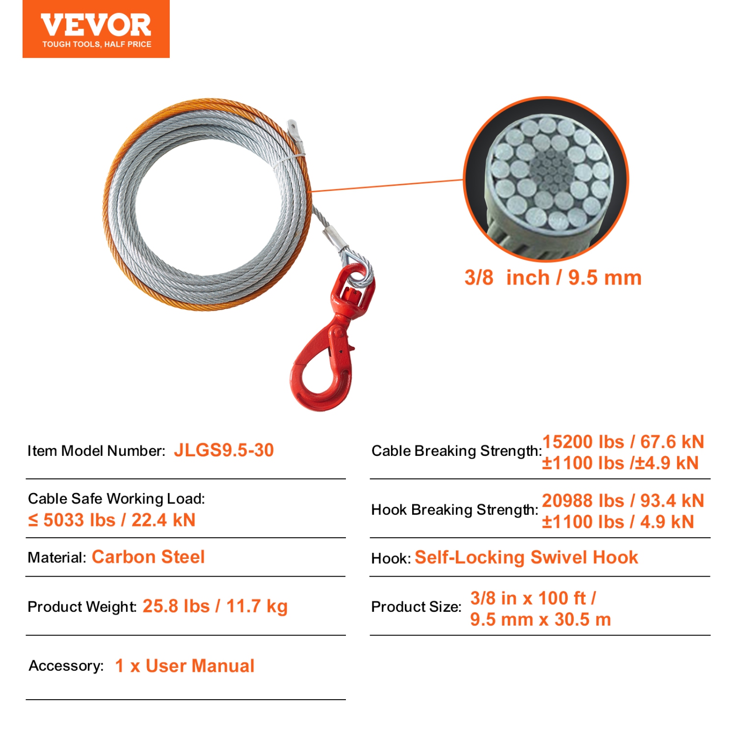 VEVOR 3/8 Inch x 100 Feet Galvanized Steel Winch Cable, 15,200 lbs Breaking Strength, Wire Winch Rope with Swivel Hook, Towing Cable Heavy Duty,