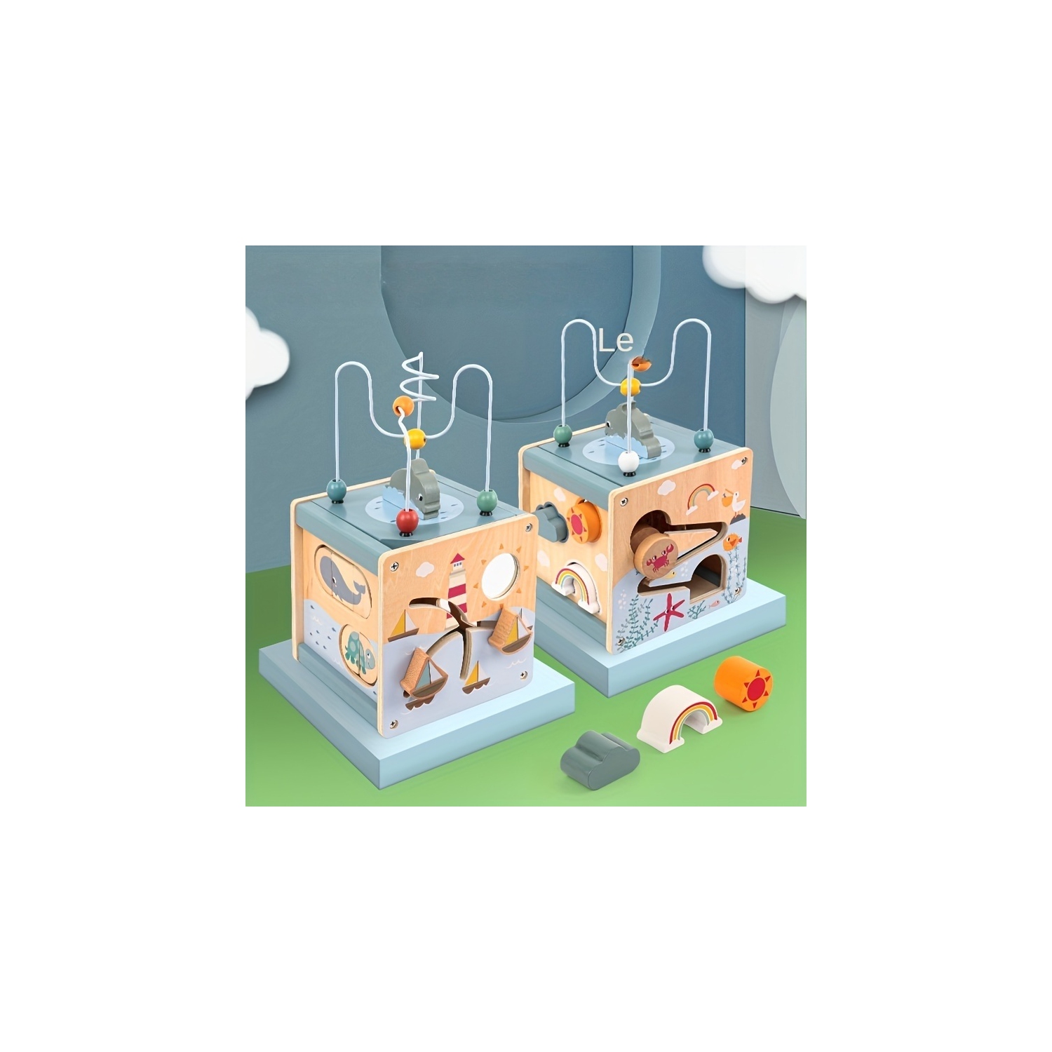 Wooden Activity Cube Ocean Puzzle Bead Box Building Block Toy, Early Education Educational Toys, Boys and Girls Gift