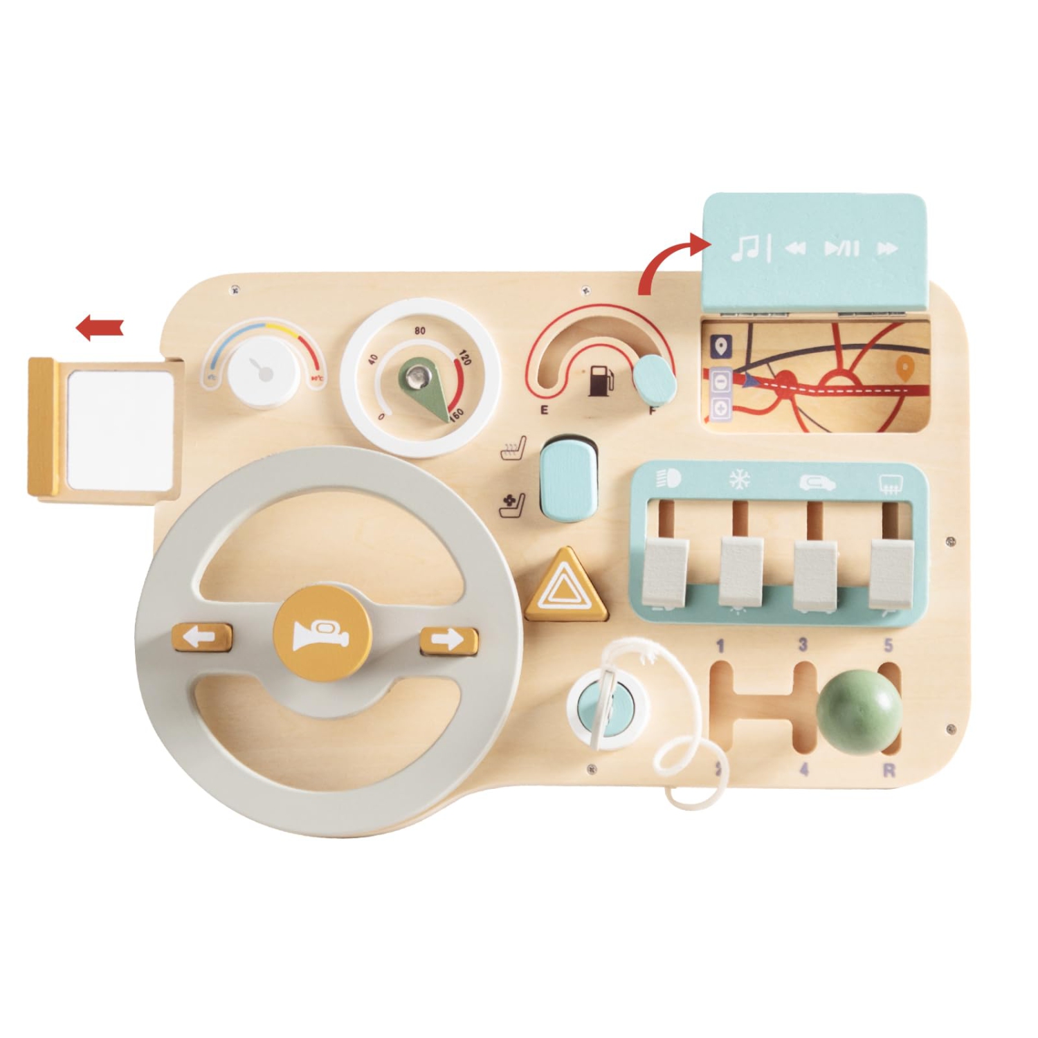 Car Busy Board Montessori Toy, Wooden Steering Wheel Play Board Sensory Toy Gift for Boys and Girls Ages 3+