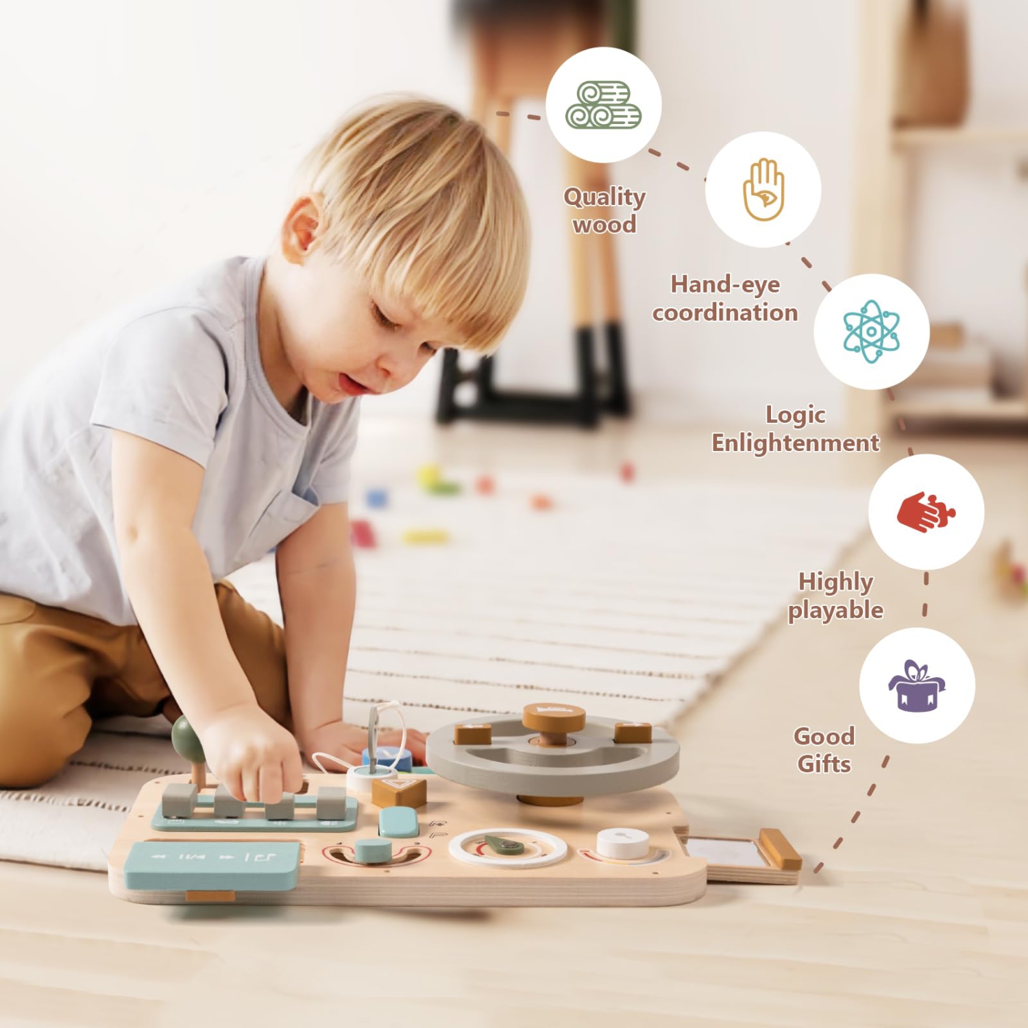 Car Busy Board Montessori Toy, Wooden Steering Wheel Play Board Sensory Toy Gift for Boys and Girls Ages 3+