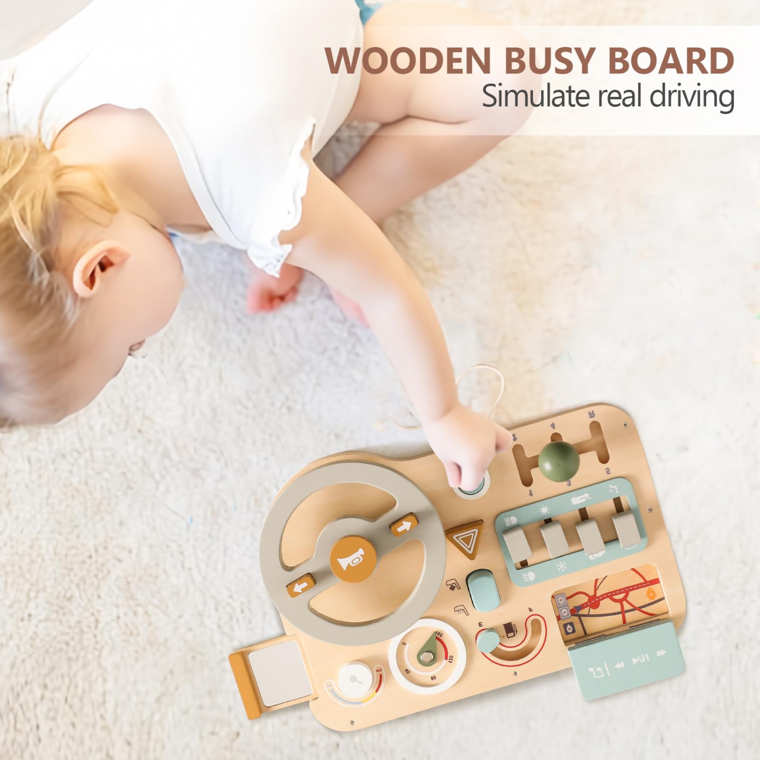 Car Busy Board Montessori Toy, Wooden Steering Wheel Play Board Sensory Toy Gift for Boys and Girls Ages 3+