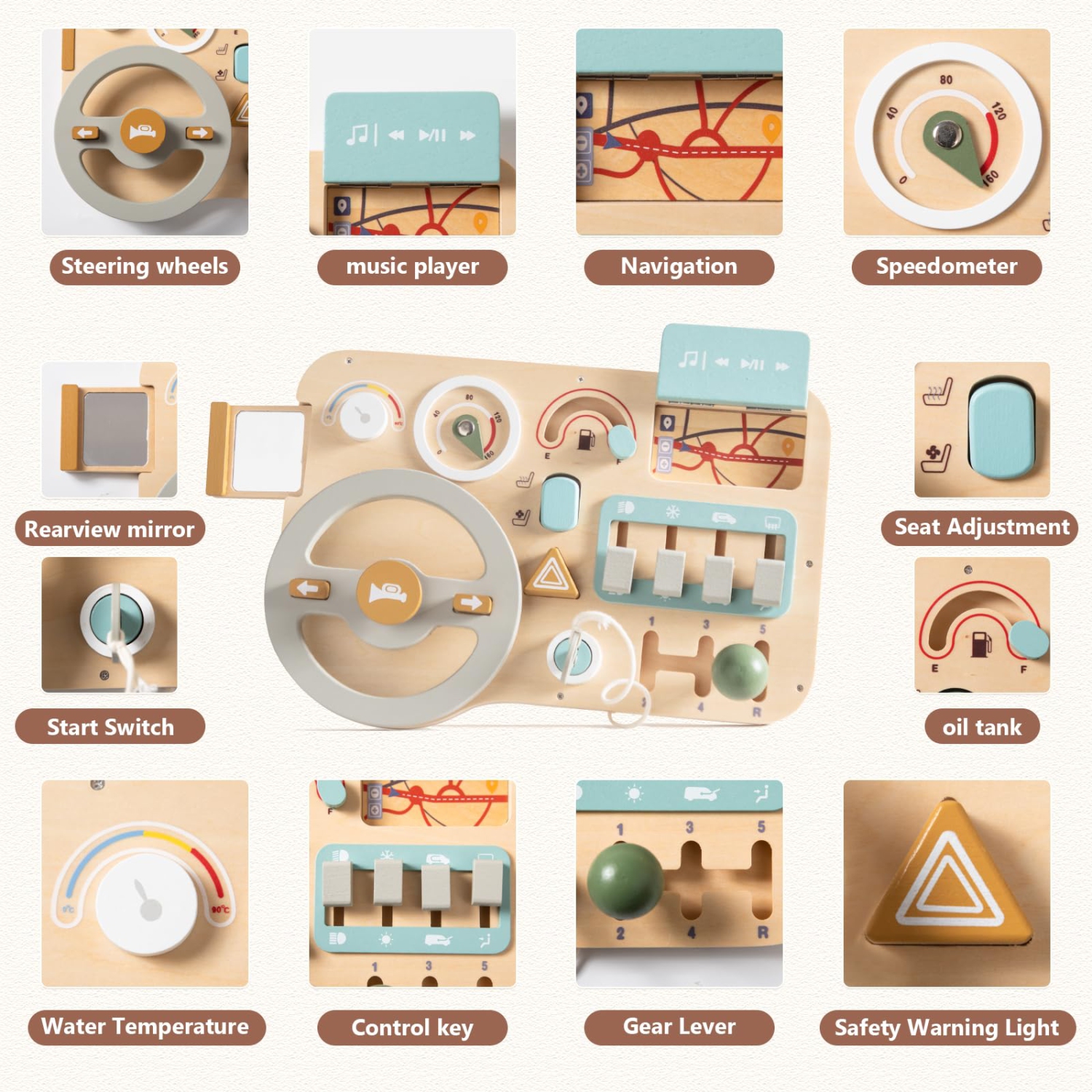 Car Busy Board Montessori Toy, Wooden Steering Wheel Play Board Sensory Toy Gift for Boys and Girls Ages 3+