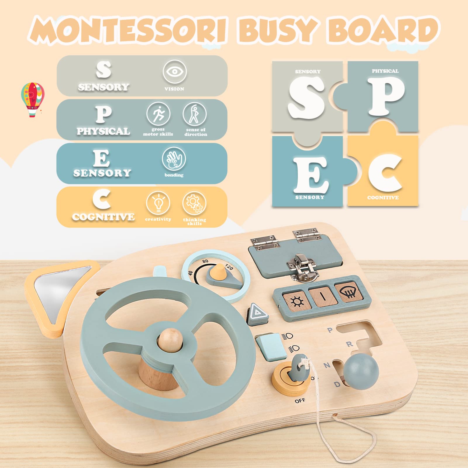 Montessori Toy Steering Wheel, Wooden Busy Board Driving Toy, Develop Motor Skills for Boys and Girls Ages 3+