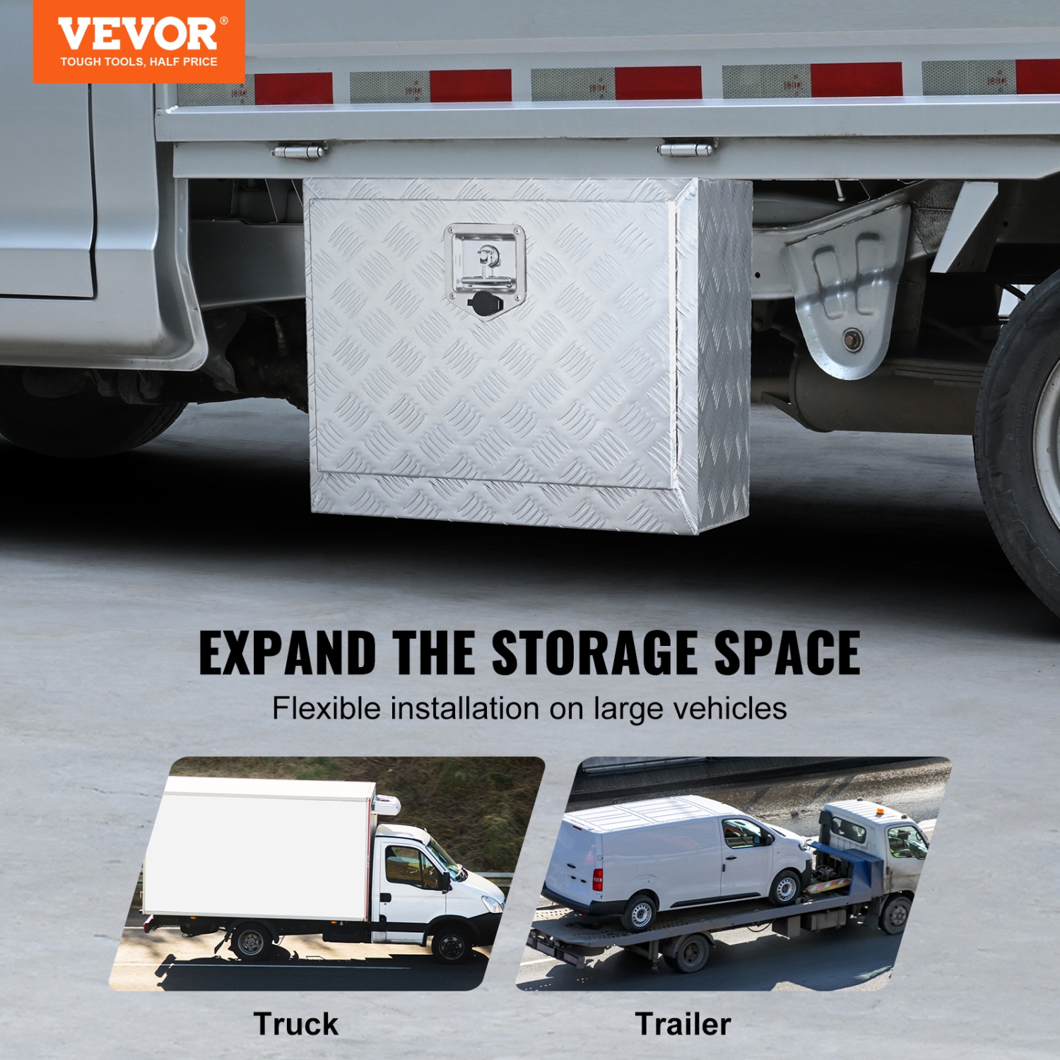 VEVOR 24"×14"×16" Underbody Truck Box, Pickup Storage Box, Heavy Duty Aluminum Diamond Plate Tool Box with Lock and Keys, Waterproof Trailer Storage