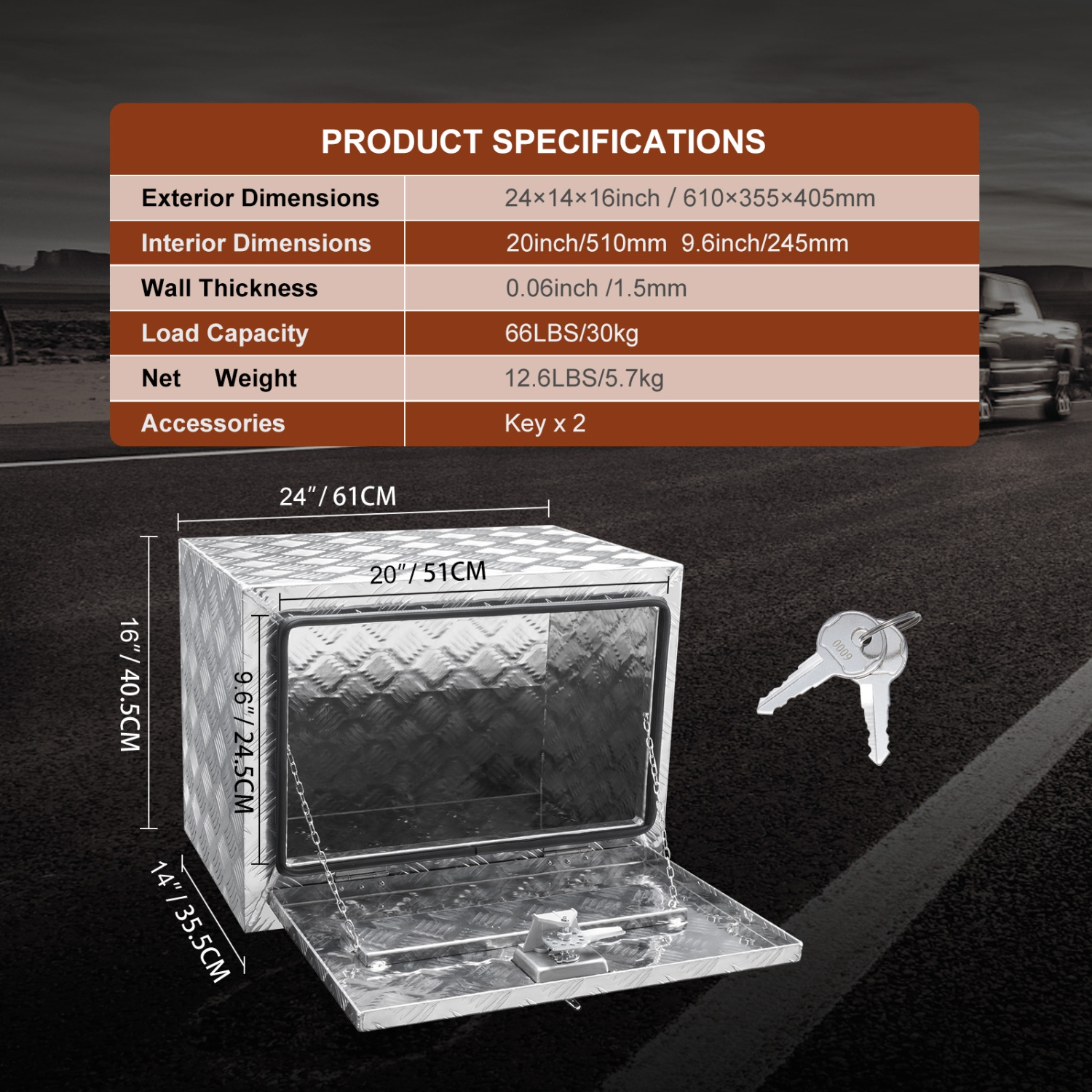 VEVOR 24"×14"×16" Underbody Truck Box, Pickup Storage Box, Heavy Duty Aluminum Diamond Plate Tool Box with Lock and Keys, Waterproof Trailer Storage