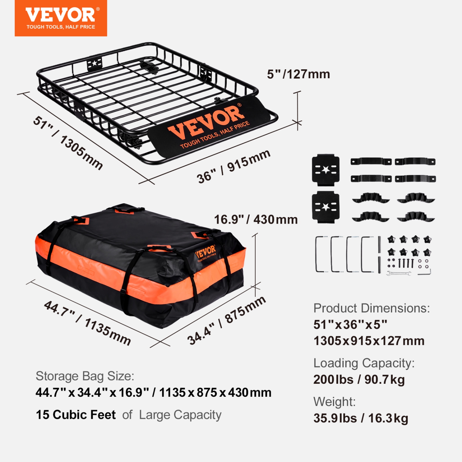 VEVOR 51" x 36" x 5" Roof Rack Cargo Basket, Rooftop Cargo Carrier w/ 15 Cu Ft Waterproof Cargo Bag, 200 LBS Capacity Universal Rack Carrier for SUV,